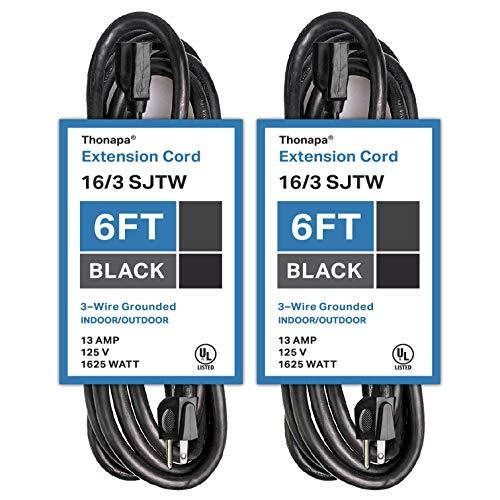 2 Pack of 6 Ft Outdoor Extension Cords – 16/3 SJTW Heavy Duty Black
