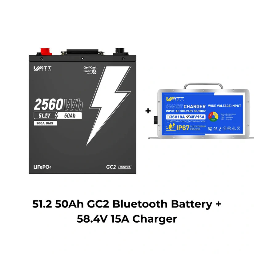 WattCycle 48V 50Ah Lithium Golf Cart Battery + 58.4V 15A Aluminum Shell Charger
