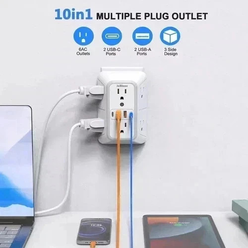 6 Outlet Extender Surge Protector Multi Plug Wall Adapter 4 USB Charger Ports