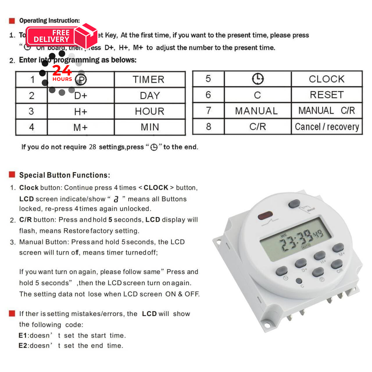 Baomain Time Switch Relay,Digital LCD Programmable Timer,110V AC Timer, White