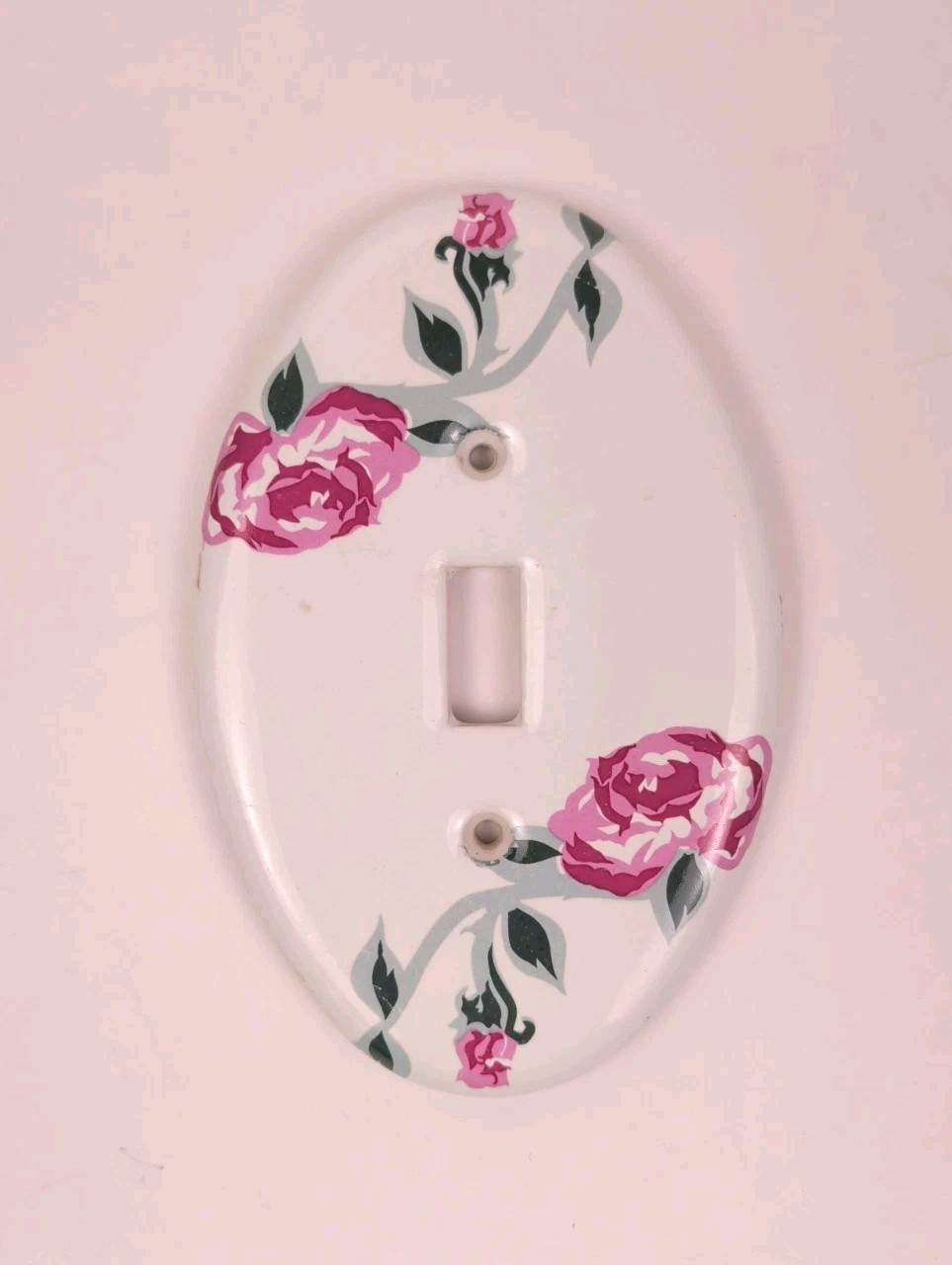 Vintage Ceramic Single Switch Plate Floral White Pink Roses Melard 5″x6.5″ GUC
