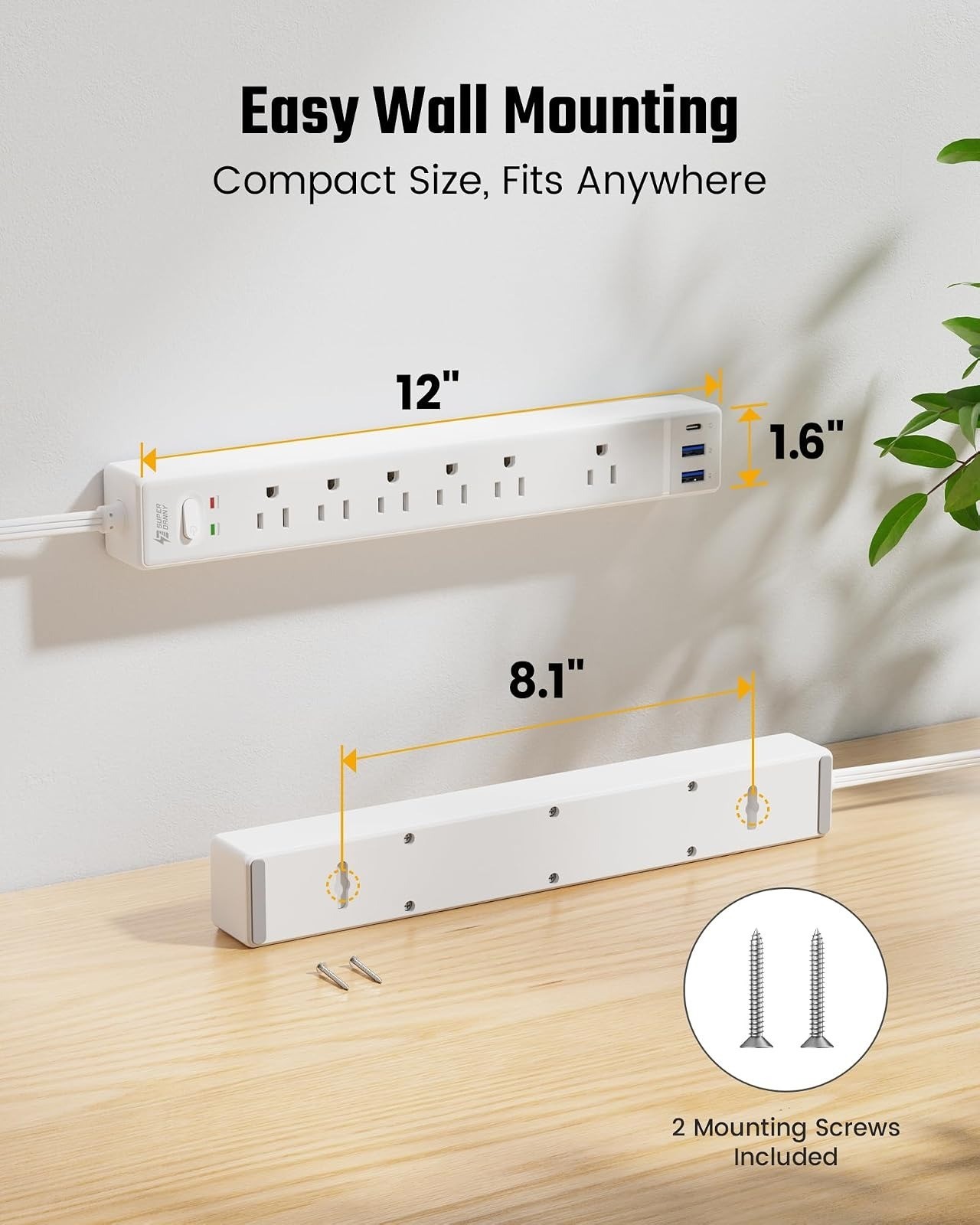 SUPERDANNY 10Ft Surge Protector Power Strip with 6 Outlets & 3 USB Ports