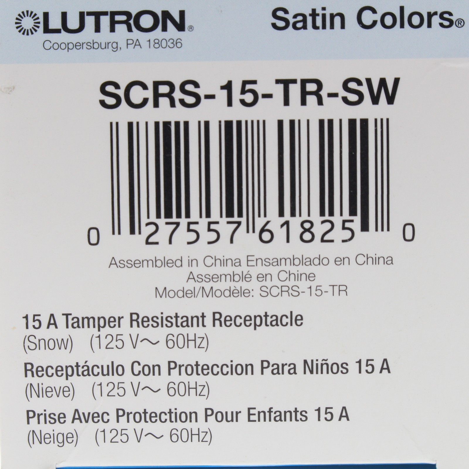 Lutron Snow Duplex Tamper Resistant Receptacle NEMA 5-15R 15A 120V SCRS-15-TR-SW