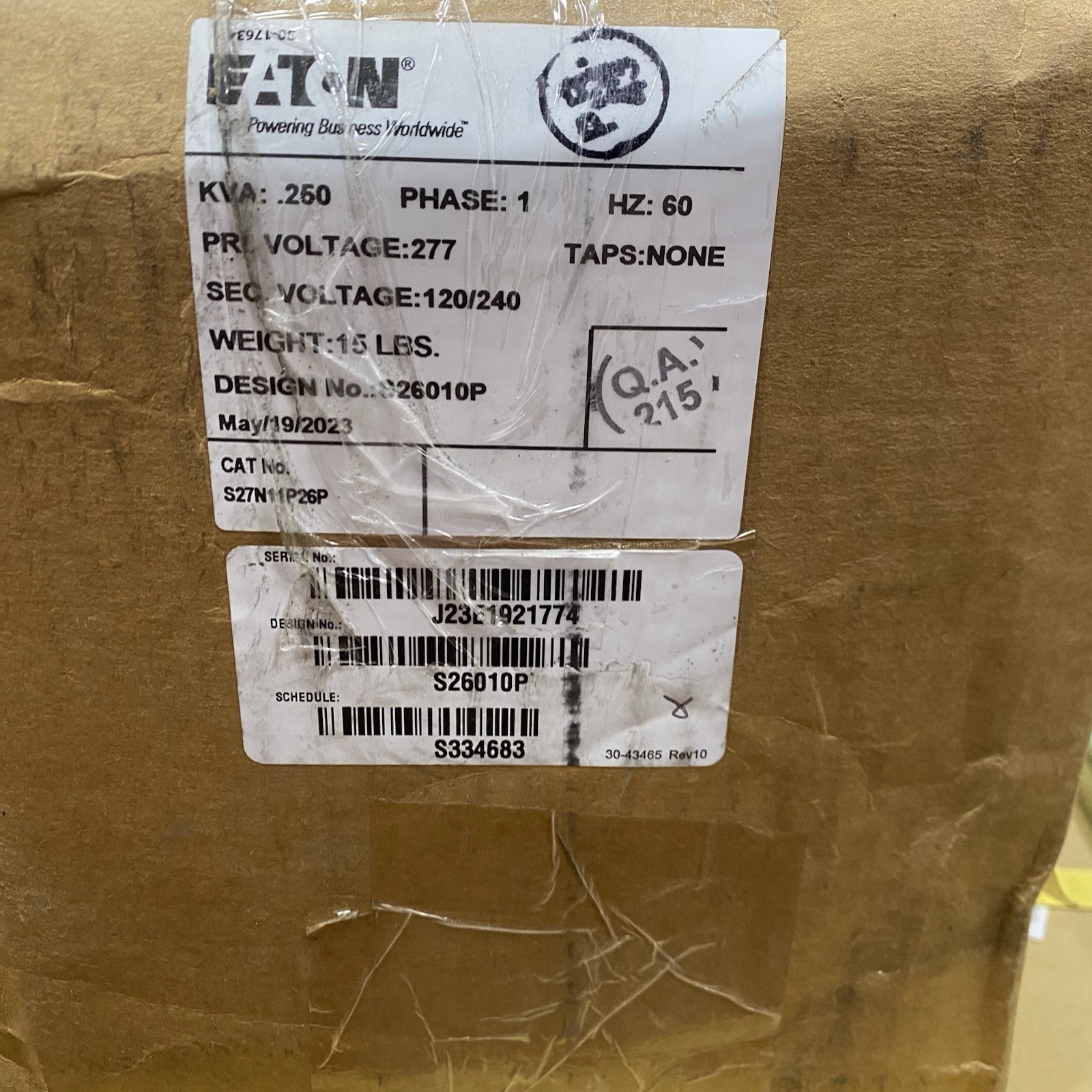Eaton S27N11P26P General Purpose Encapsulated Transformer 277V indoor/outdoor