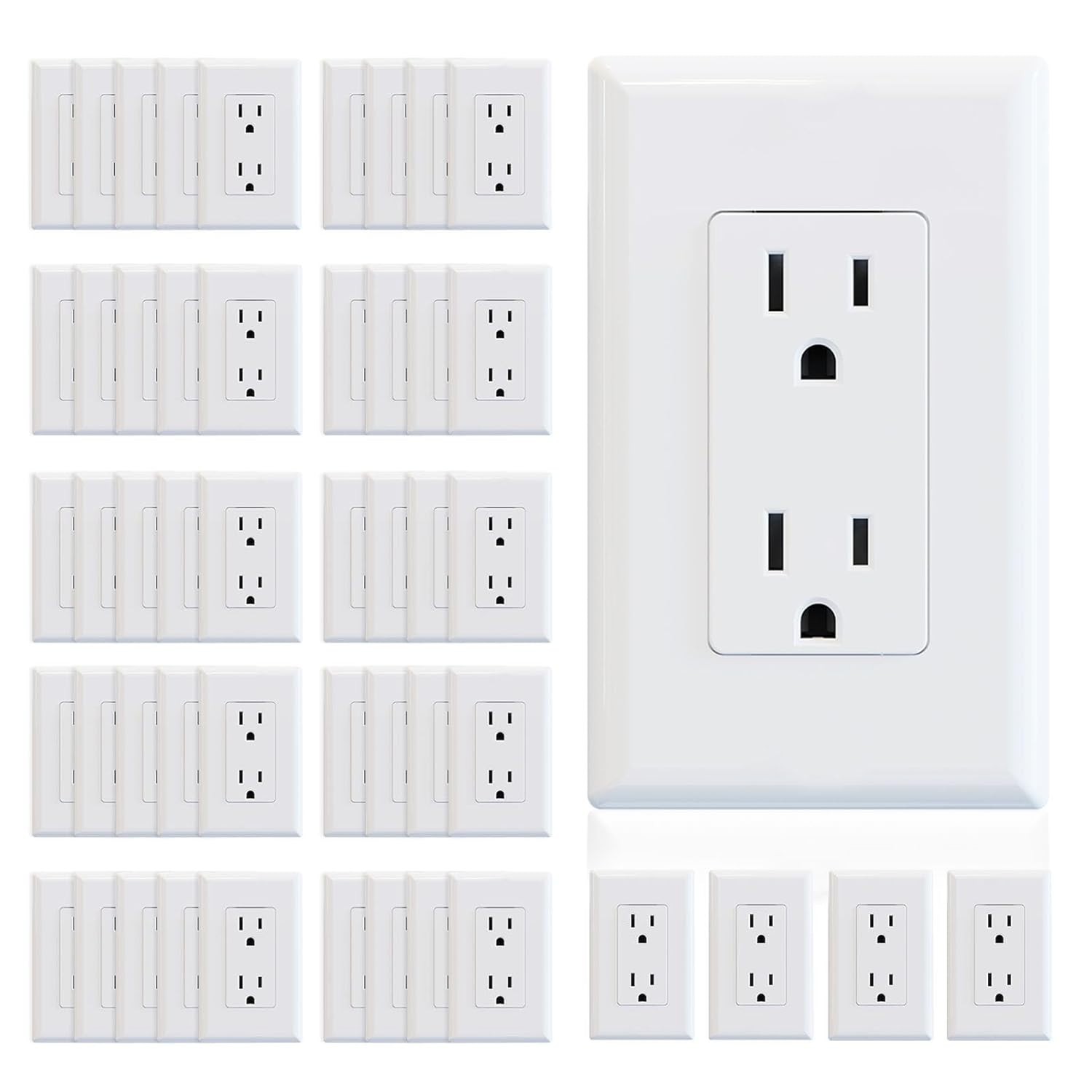 15A 125V Electrical Wall Outlet & Screwless Wall Plate (50 Pack, Glossy White)