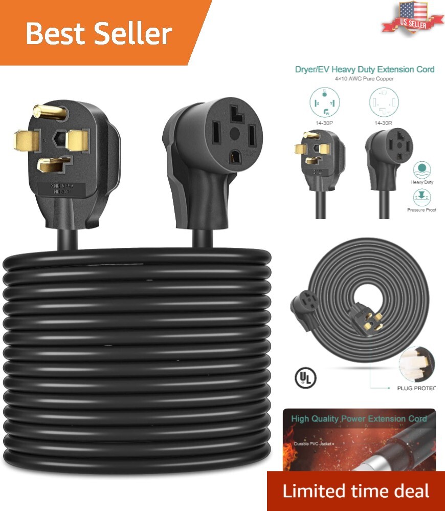 25ft Dryer Extension Cord – 4 Prong, 30 Amp – NEMA 14-30P to 14-30R – 125V/250V