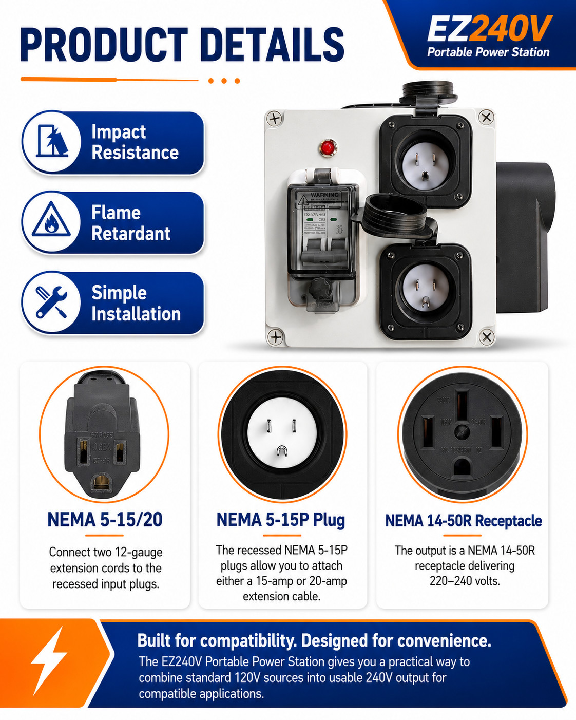 EZ 240 V- Power Doubler Joiner Step Up Converts Dual 120V outlets to 240V Outlet