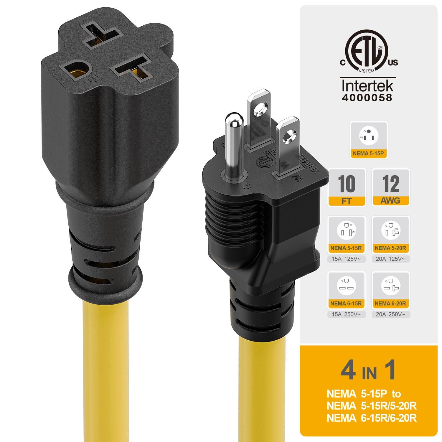Plugrand NEMA 5-15P To 5-15R/ 5-20R/ 6-15R/ 6-20R AC Adapter, 10FT PC-0050-10FT