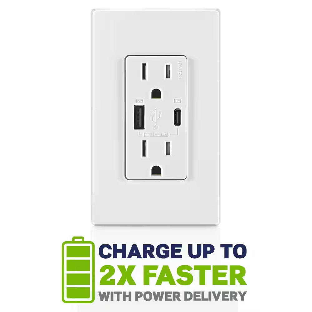 Leviton USB Wall Outlet Charger 60W USB C USB A Power Delivery Duplex Receptacle