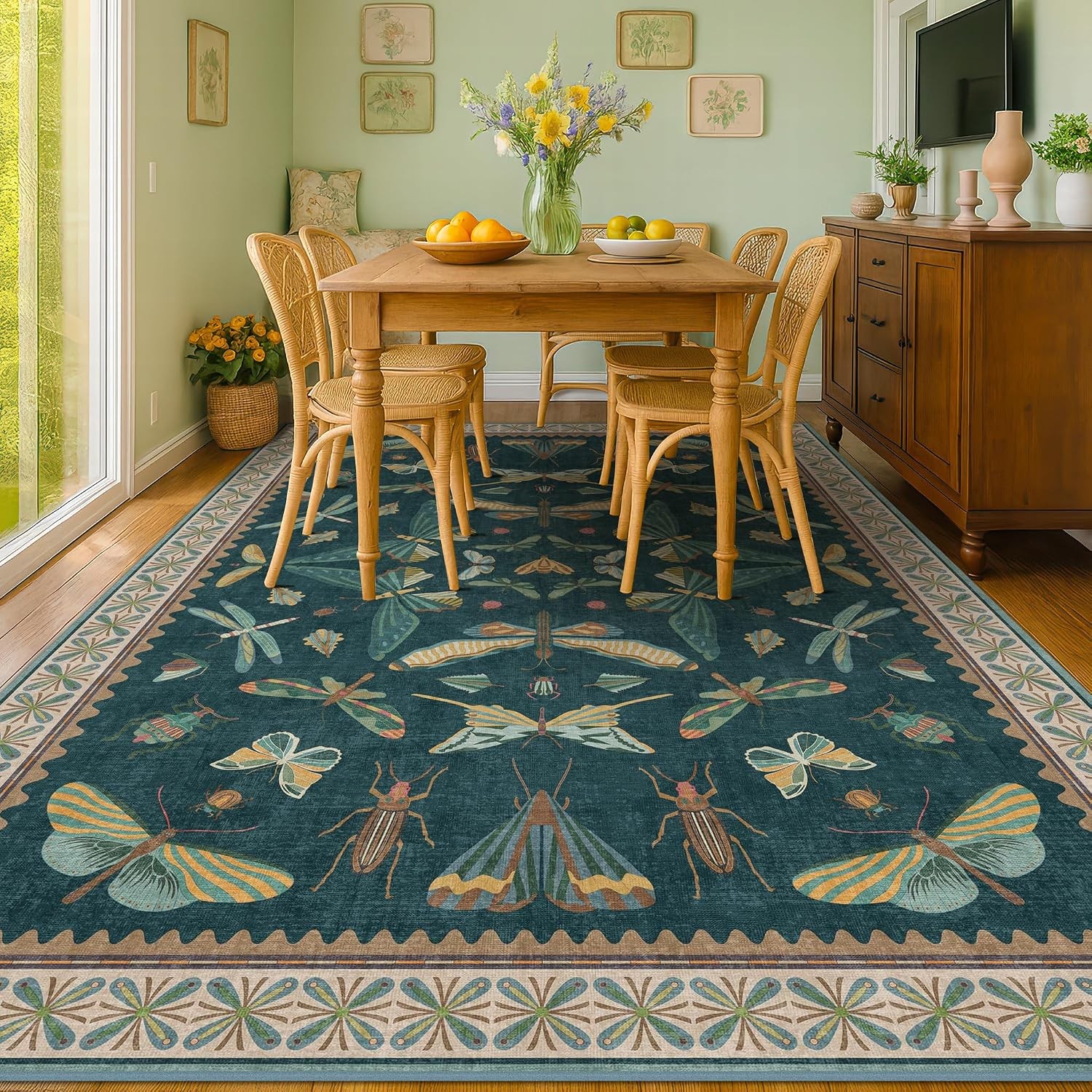 Vintage Teal Area Rugs for Living Room 6×8 – Floral & Butterfly Pattern Dining