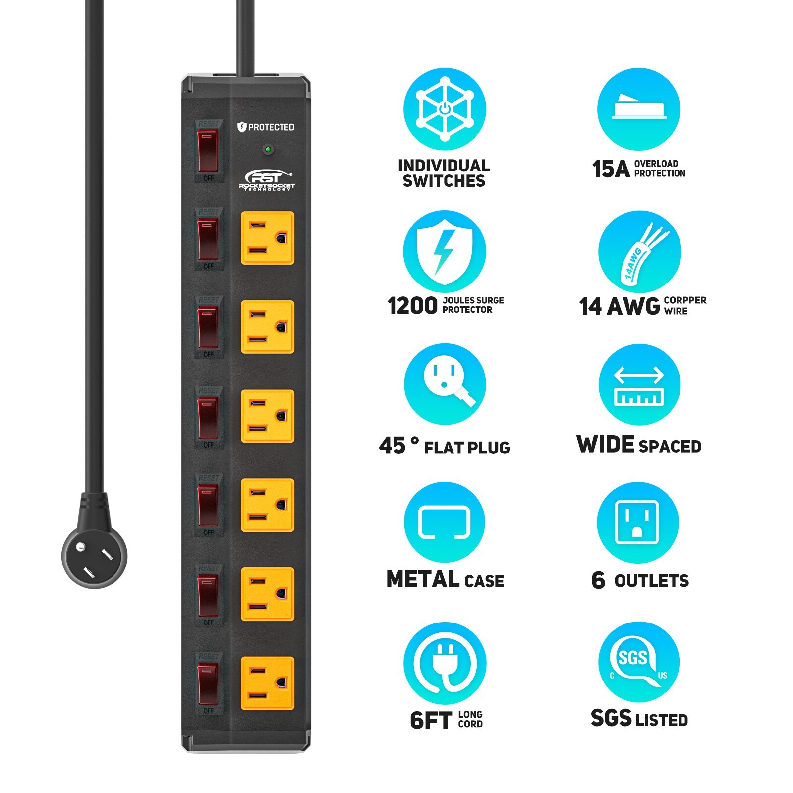 Power Strip Surge Protector with Safety Case 15A Power Strips with Individual Sw