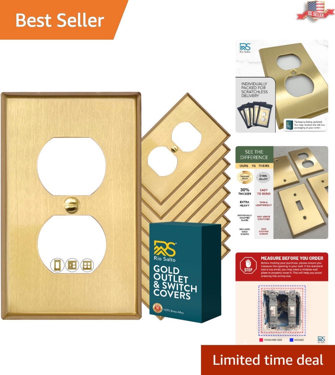 Premium Gold Brushed Brass Light Switch & Outlet Cover Plate – 4.5″ x 2.76″
