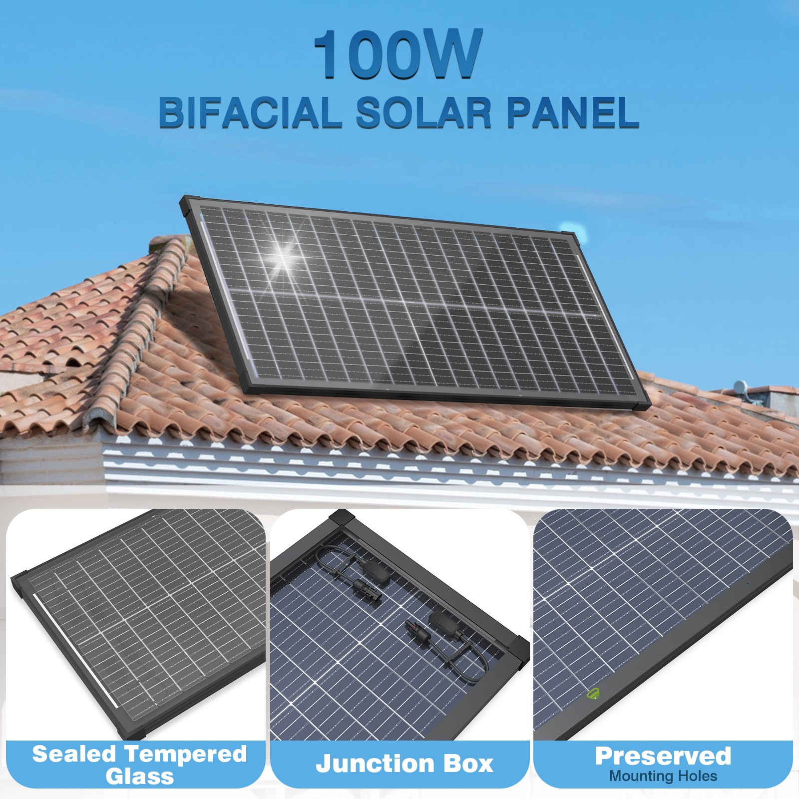 3Pack 100W Bifacial 300W Solar Panel Mono 12V 18BB N-Type PV Home RV Off Grid US
