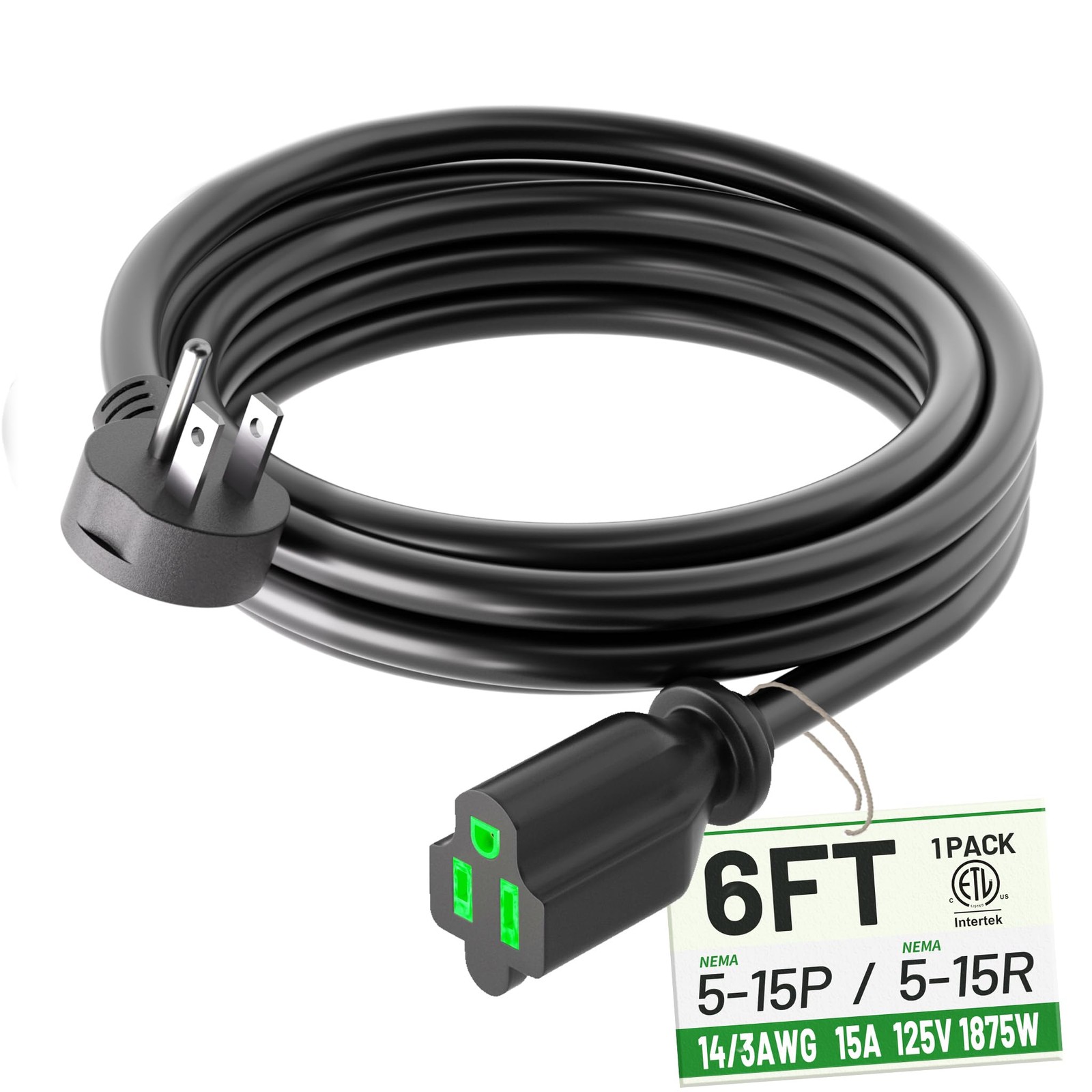 6 Foot Flat Plug Extension Cord Black, 14/3 Gauge Indoor Short Extension Cable