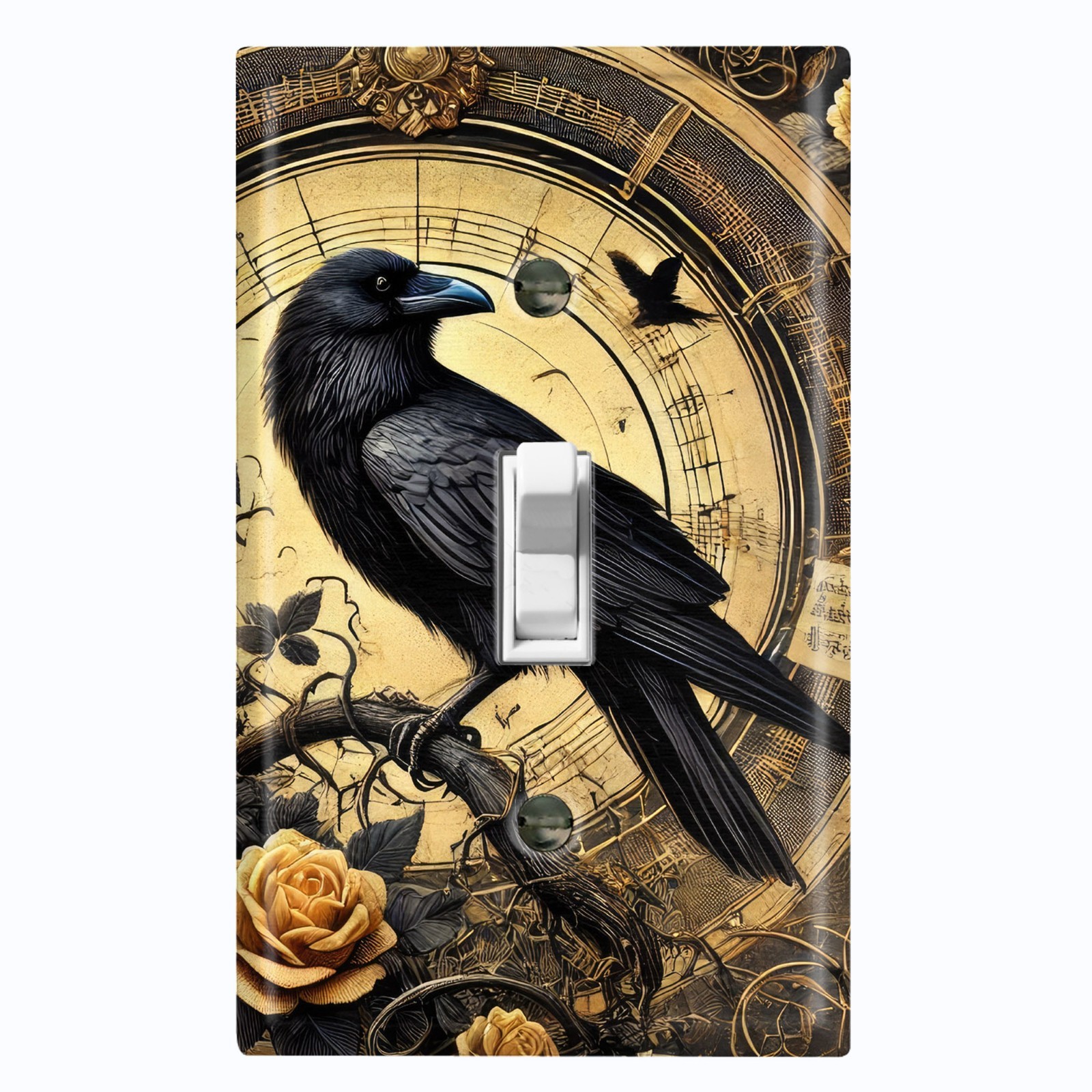 Metal Light Switch Outlet Cover Wall Plate Black Raven Crow Floral Clock AML247