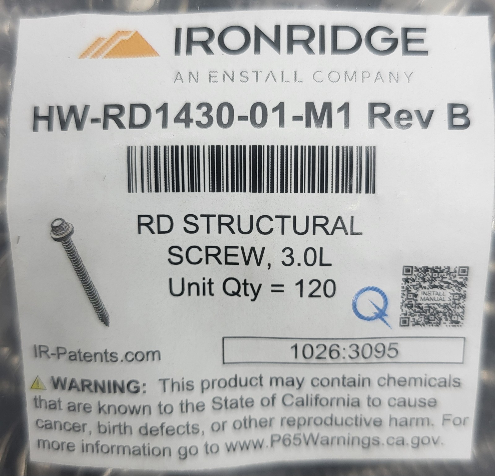 IronRidge RD-1430-01-M1 QuickMount RD Structural Screw (Pack Of 120)