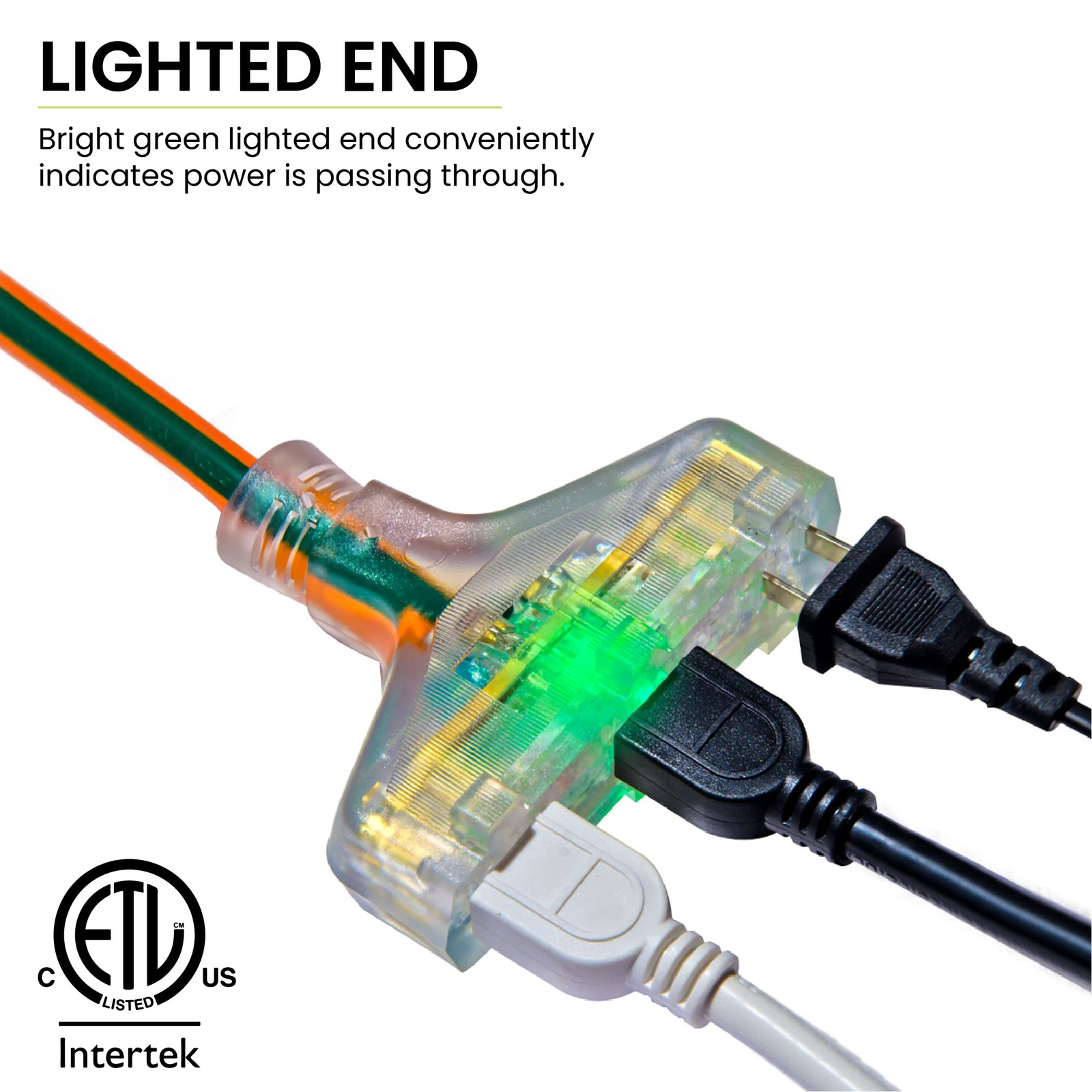 GoGreen Power (GG-15302) 12/3 2′ 3-Outlet Heavy Duty Extension Cord, Lighted End
