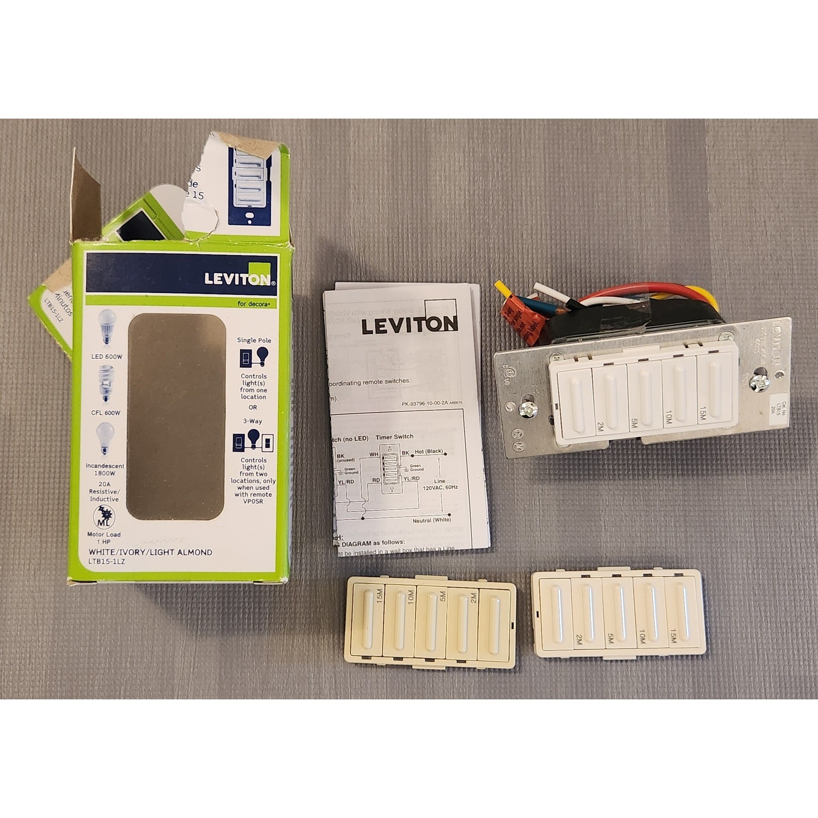 Leviton LTB15-1LZ Decora 15-Minute Countdown Timer Switch White Ivory Lt Almond