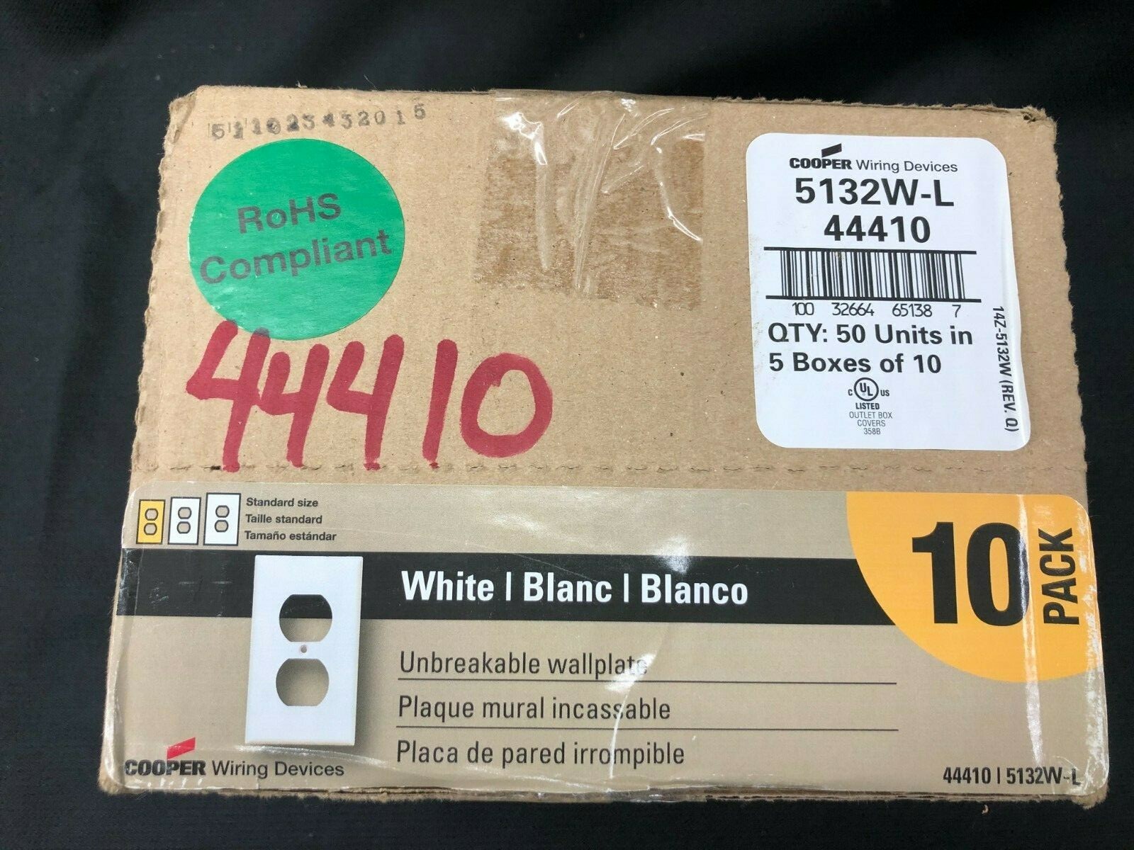 LOT OF 5O PCS 5132W-L COOPER WHITE Single Duplex Standard Wall Plate RECEPTACLE
