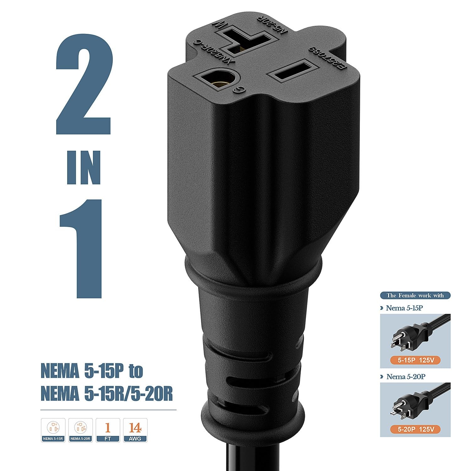 1FT NEMA 5-15P to 5-15R / 5-20R Adapter Cord, 15Amp to 20Amp Plug Adapter Cab…