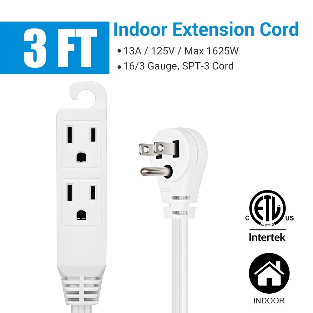 DEWENWILS 2 Pack 3 Ft Extension Cord with Flat Plug,, 16 AWG SJTW SPT-3 Cord