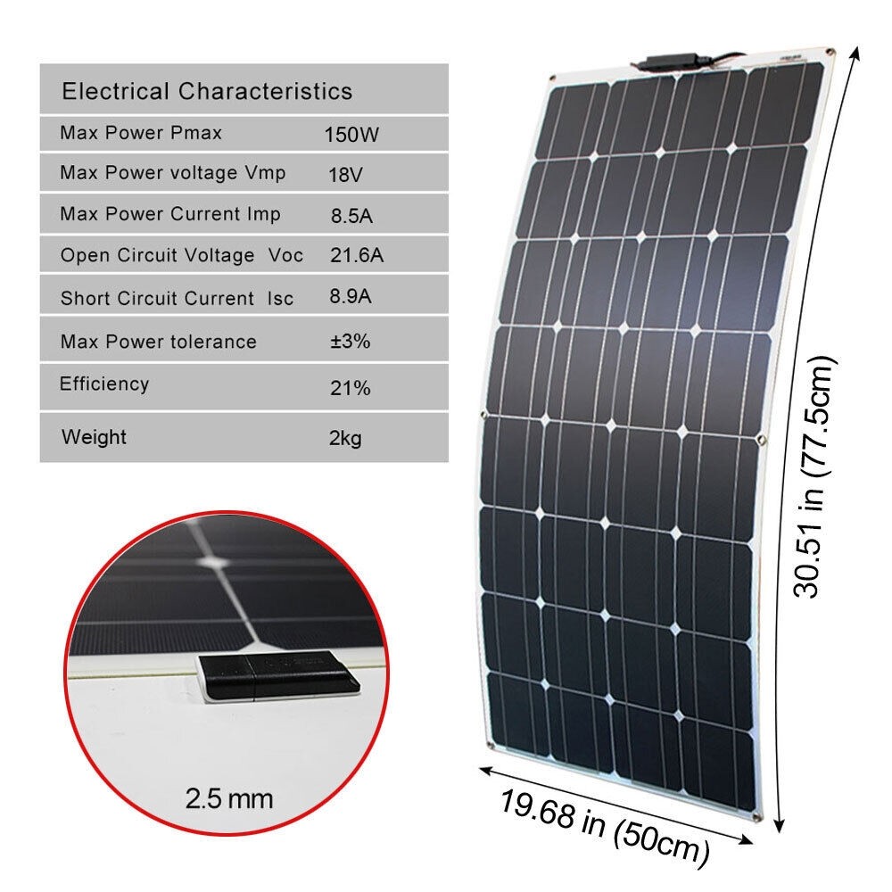 150Watt Flexible Mono Solar Panel 12V Volt Car Boat RV Home Rooftop Camping Roof