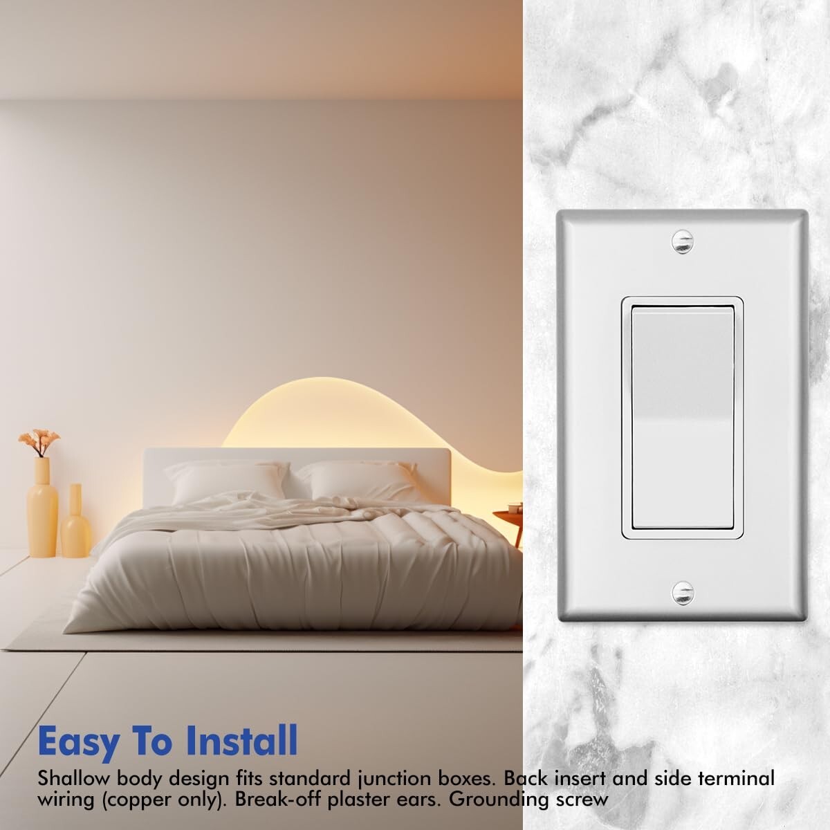 Decora Light Switch sliver, Single Pole Paddle Rocker UL ,15A 120V/277V,10 Pack