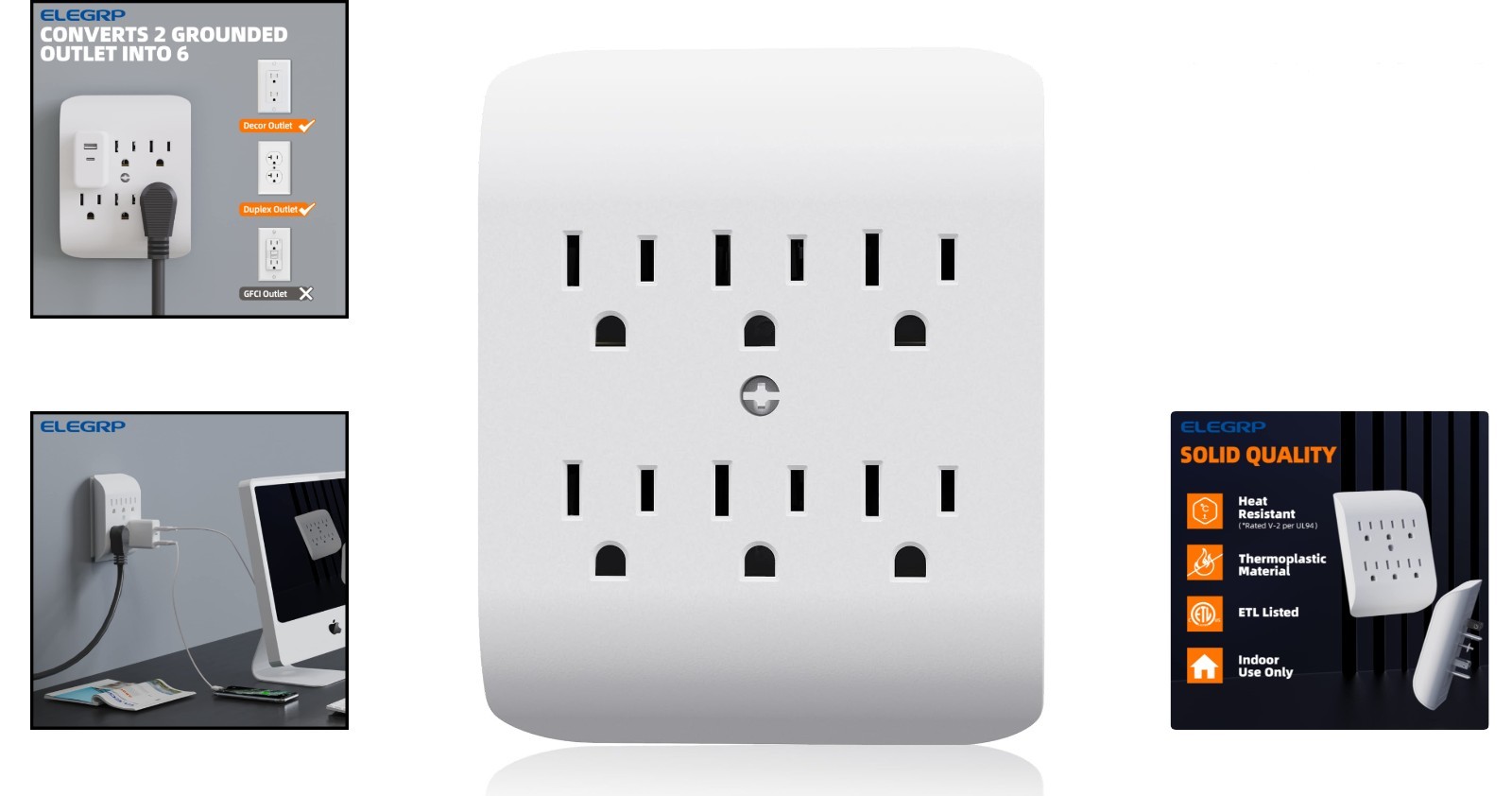 6-Outlet Wall Extender with Central Anchor – Listed, Safe & Sleek Design