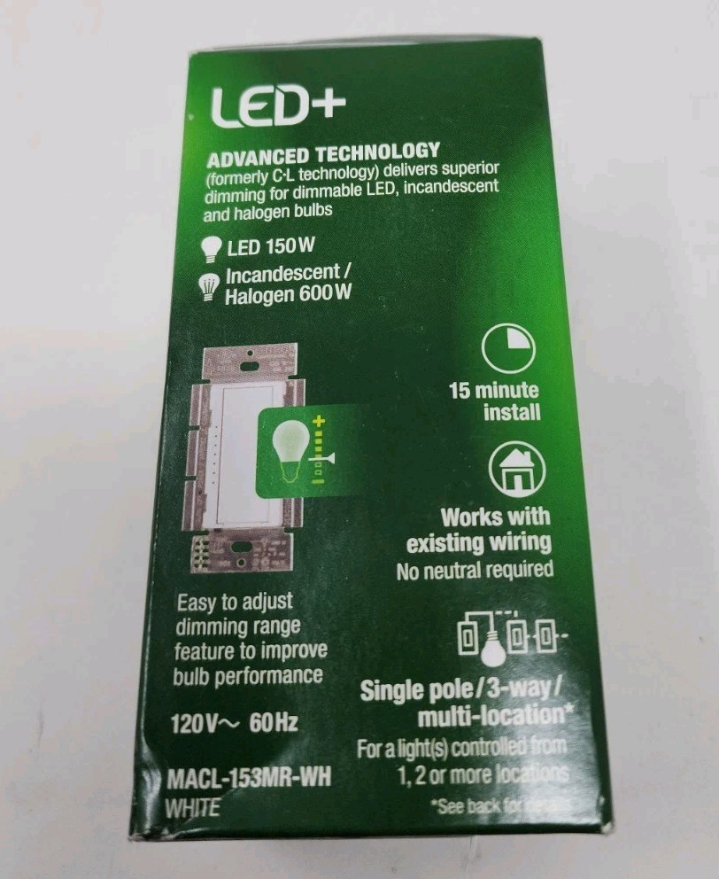 New Lutron MACL-153MR-WH LED Maestro LED+ Single Pole 3 Way Dimmer White