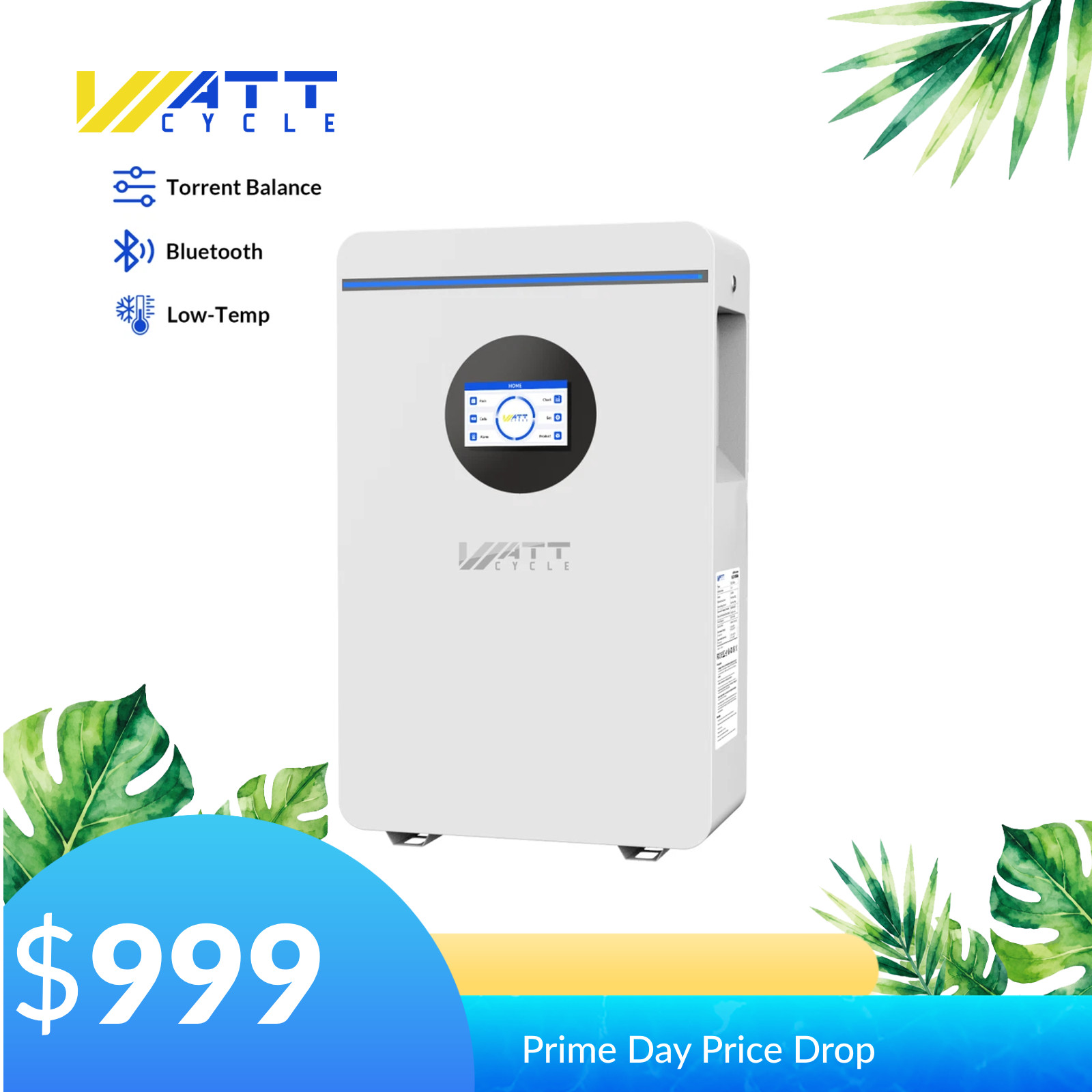 WattCycle 48V 100Ah Wall Mounted LiFePO4 Lithium Battery Bluetooth Backup Power
