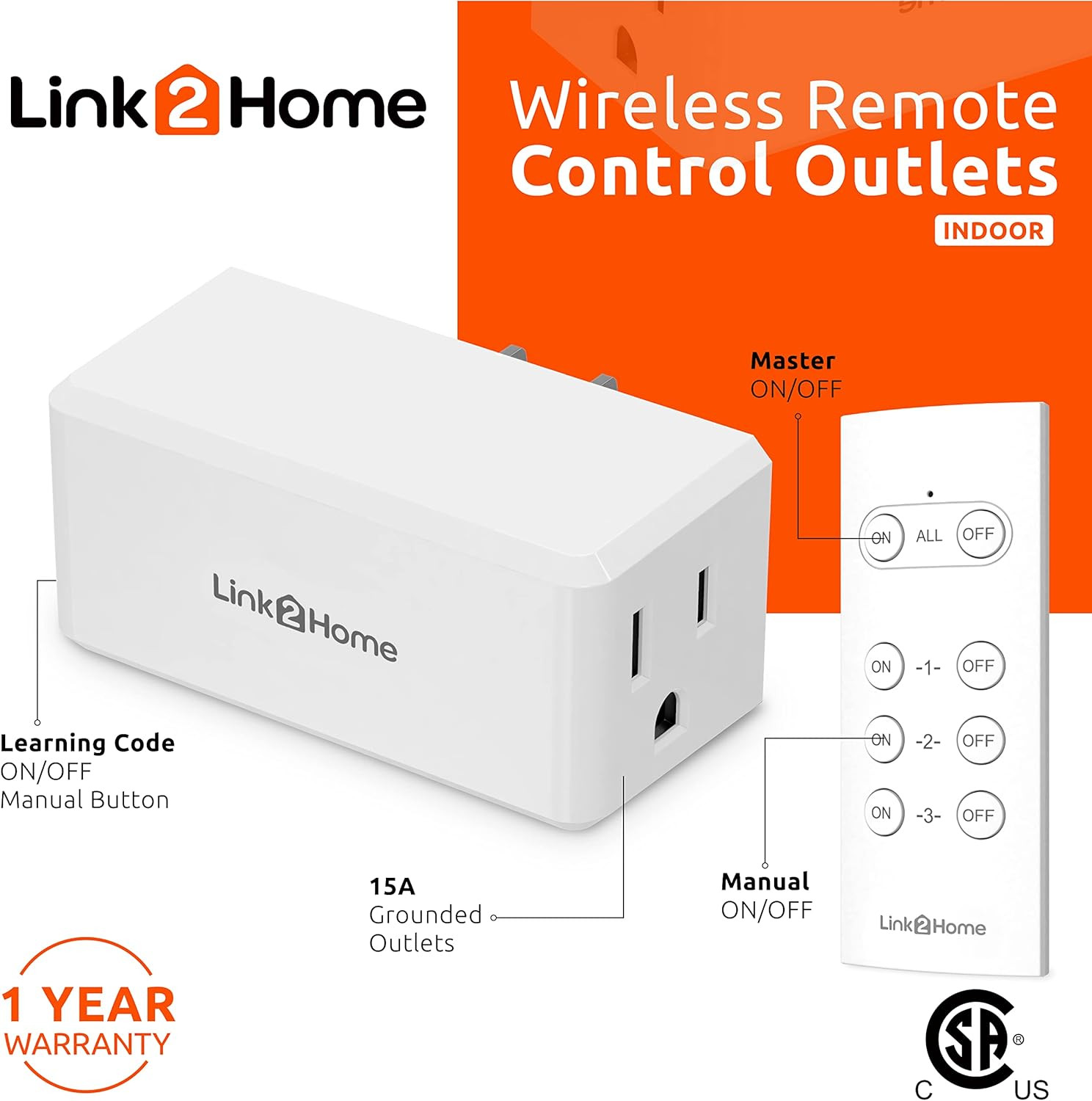 Wireless Remote-Control Outlet, 3 Outlets, 1 Remote, White | 100 Ft Operating Ra