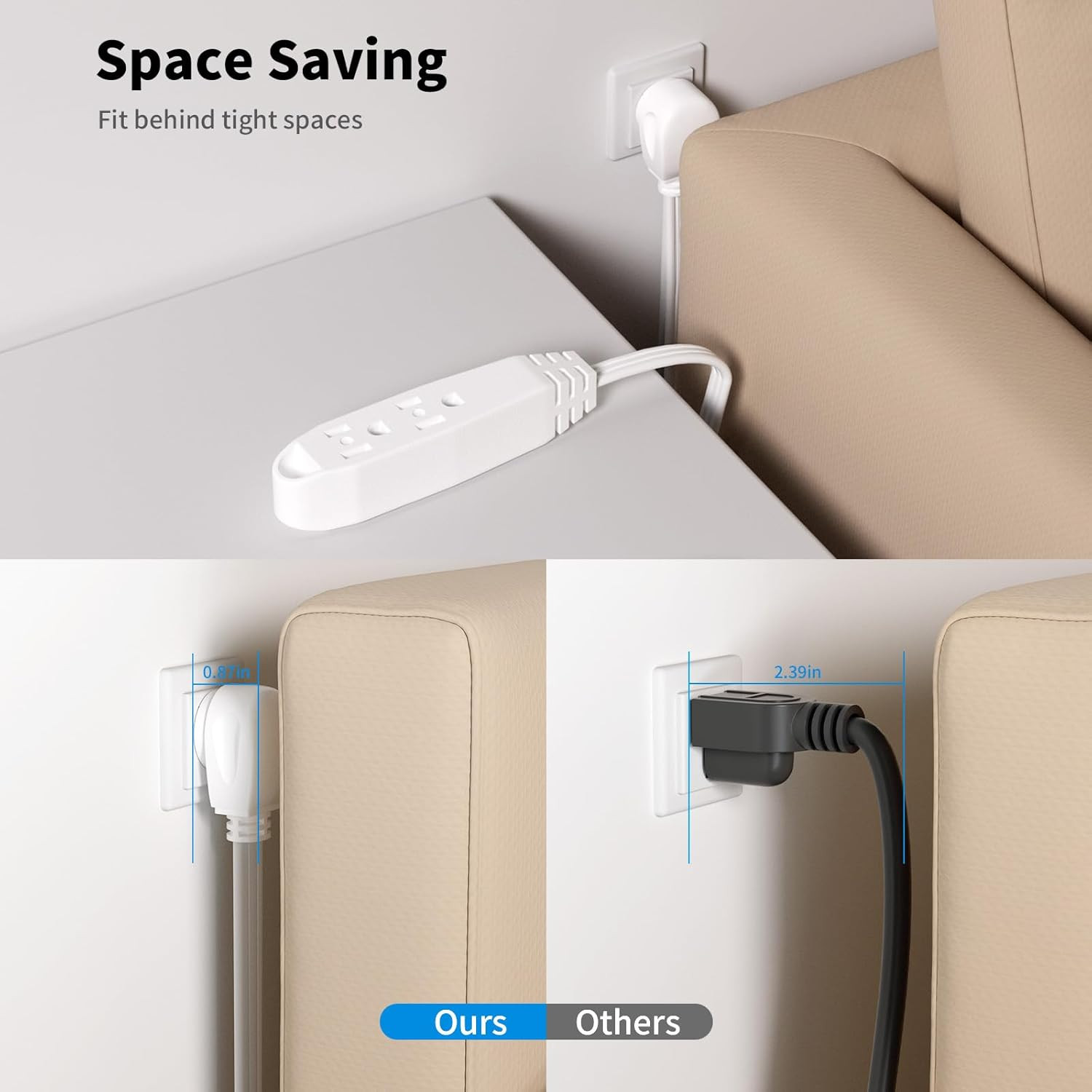 – 1 Feet 3 Outlet Extension Cord 2 Pack – Triple Wire Grounded Multi Outlet, UL