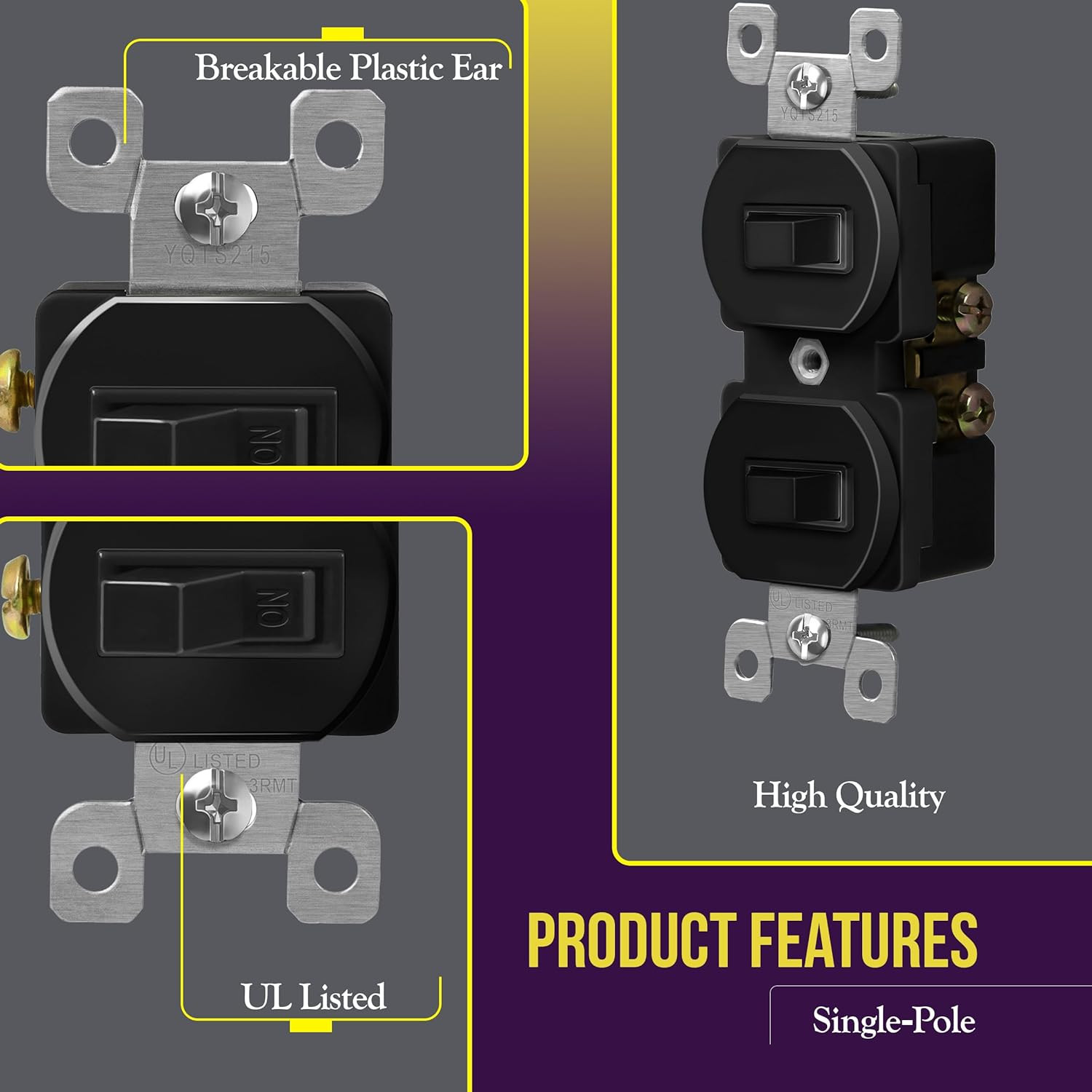 Duplex Double Toggle Light Switch, Single Pole, Side Wiring, Copper Wire Only, G