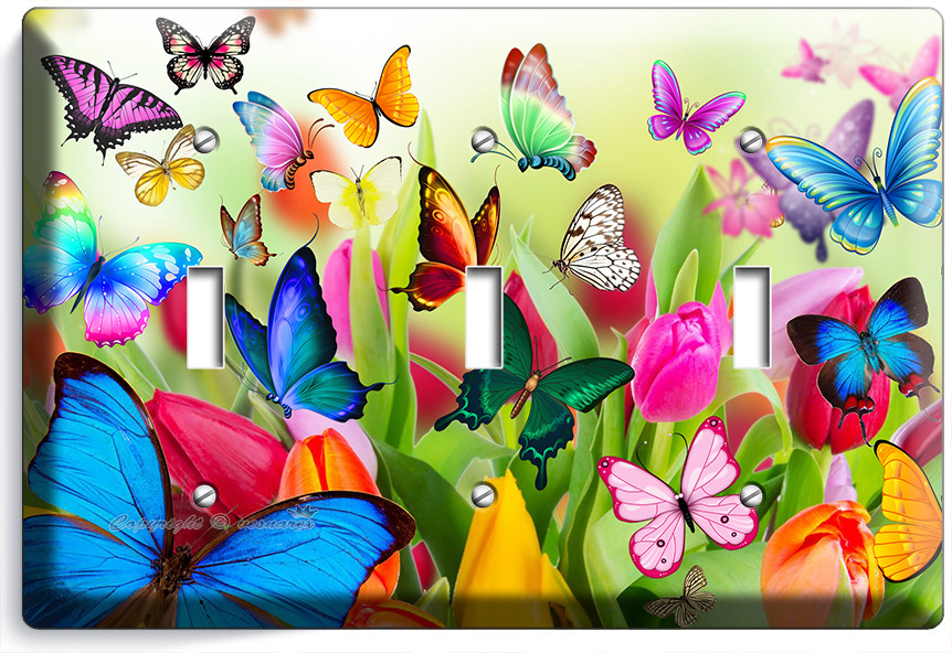 BUTTERFLIES TULIPS FLOWERS FLORAL LIGHT SWITCH TRIPLE WALL PLATES ROOM ART DECOR