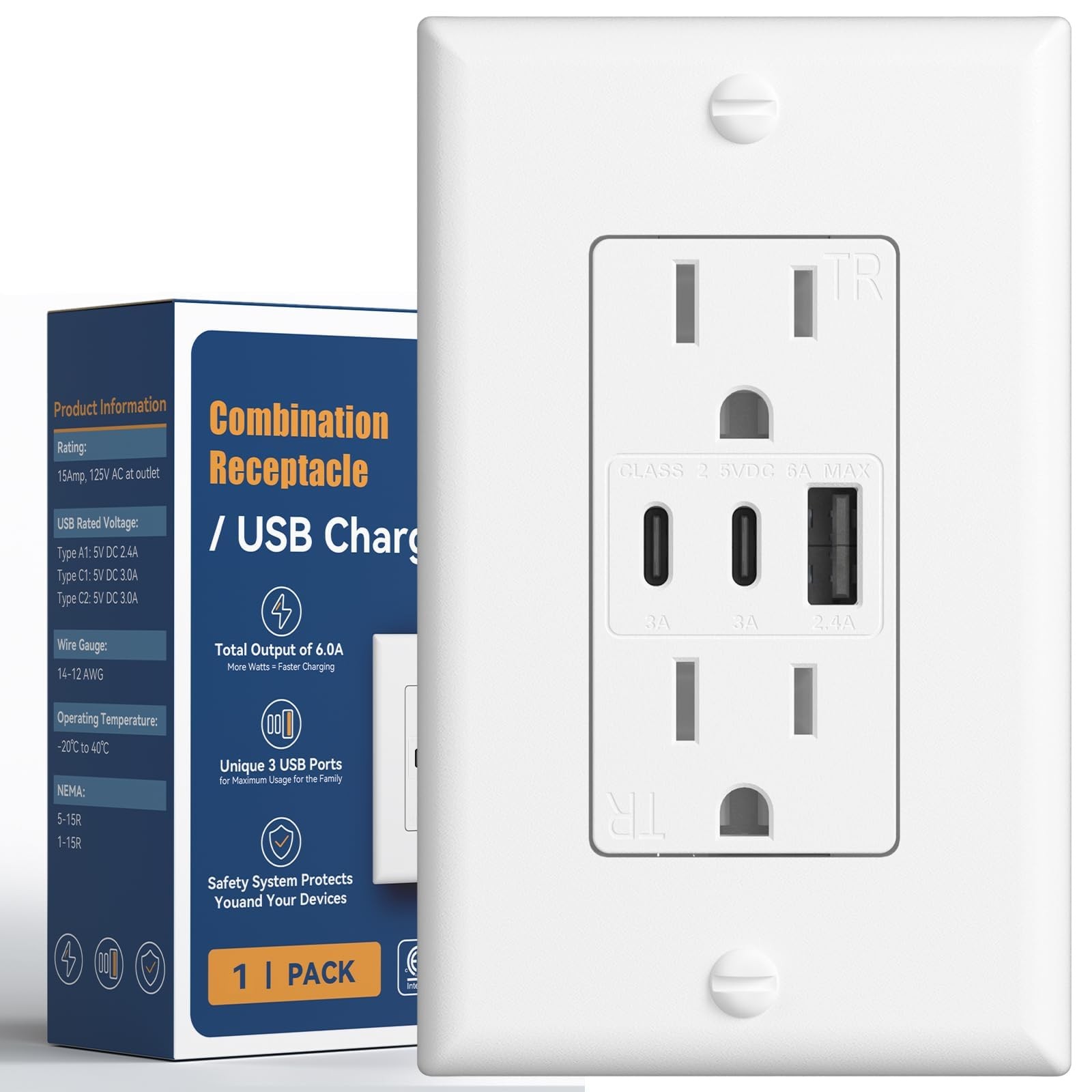 6.0A USB Outlet, 3-Port 30W Wall Outlets with 2 Type C & 1 Type A, 15 Amp Rec…