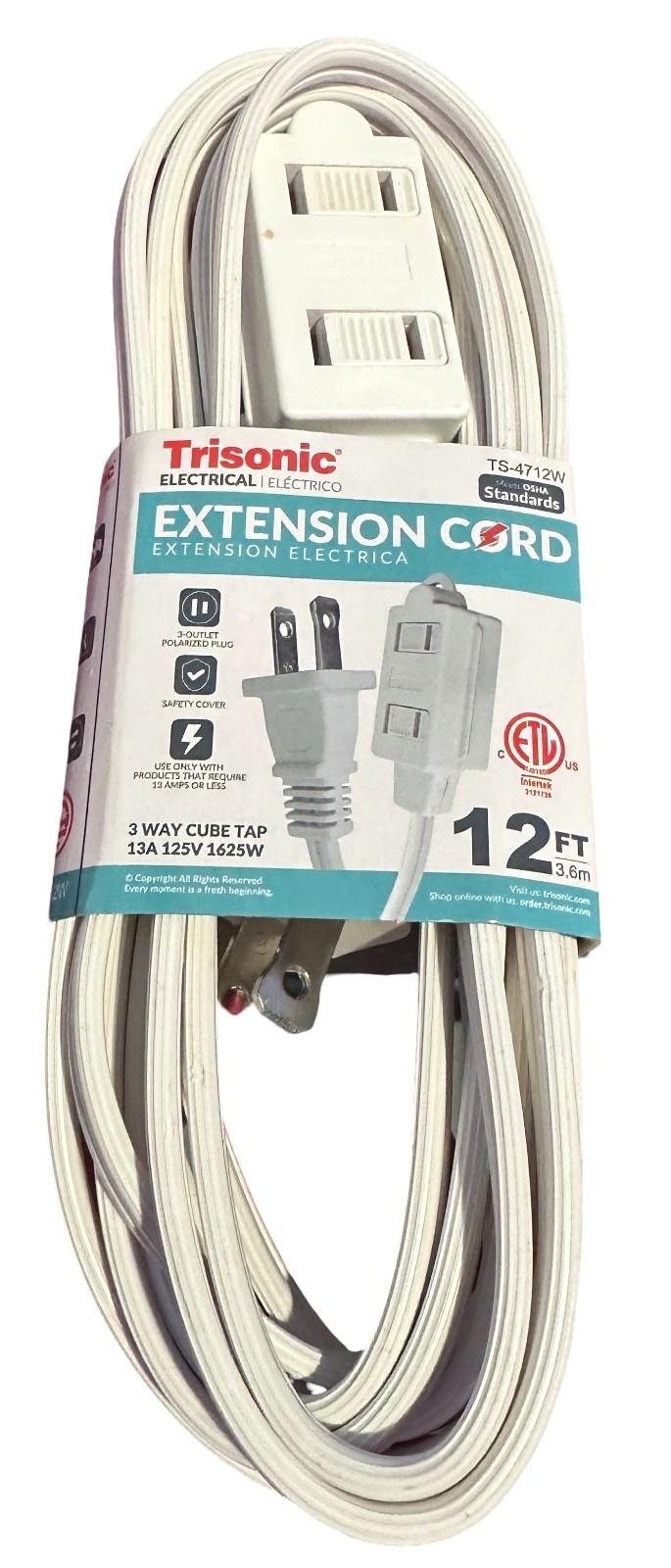 Extension Cord 6,12,20 or 25 FOOT 13 Amp 3 Way Cube Tap White