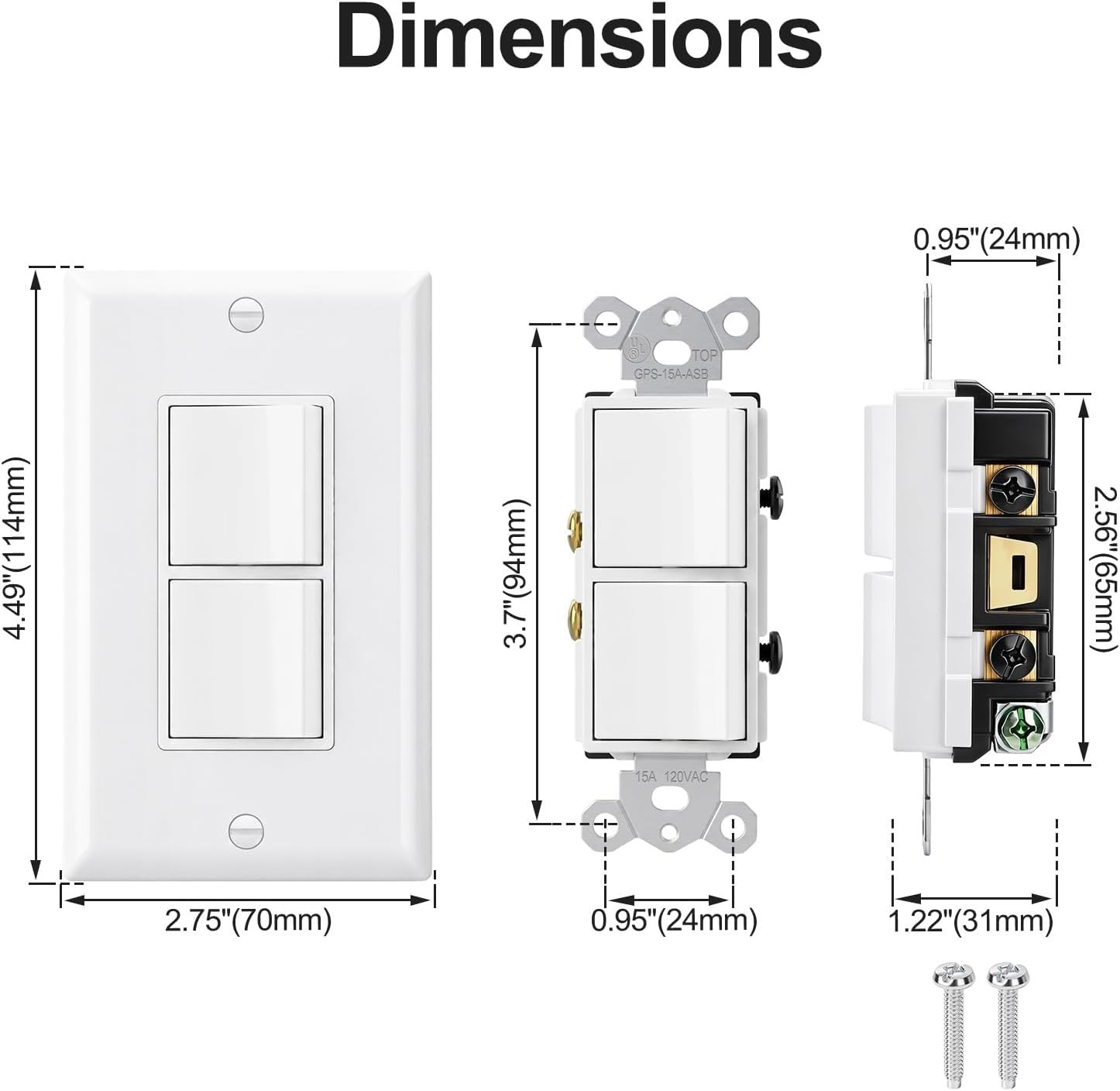 Duplex Rocker Switch with Wall Plate, 15A 125V, White, 2-Way, Screw Terminal