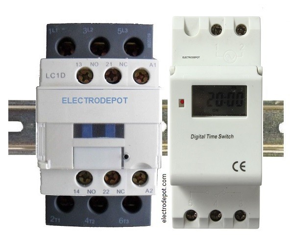 3 Pole Timer Switch 120V, DIN rail, Motor 32A, Lighting, Heater 50A 3Phase 600V