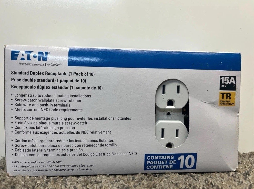 Eaton 10pk Standard 15A Tamper Resistant Duplex Receptacles -White- TR270W-10-LW