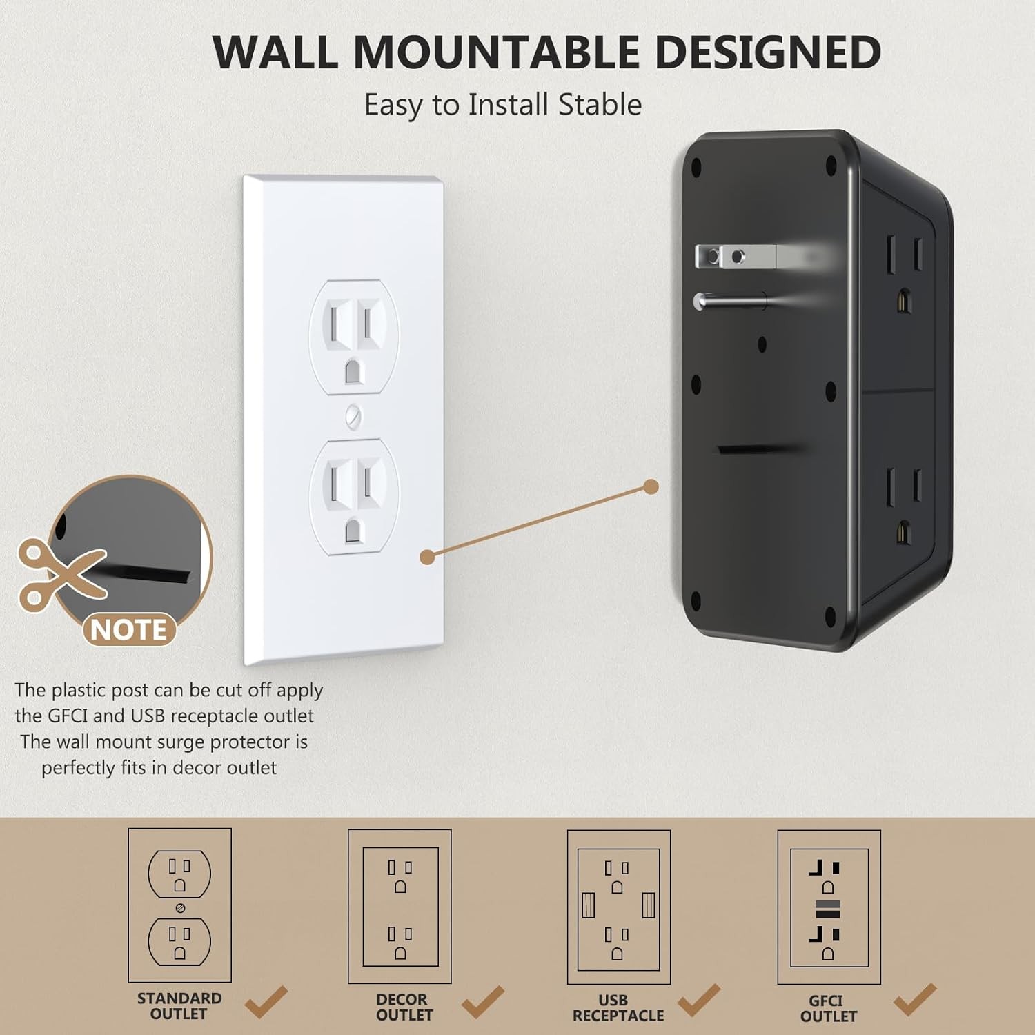 6 Outlet Surge Protector Wall Adapter – Multi Plug Extender w/4 USB Ports, Black