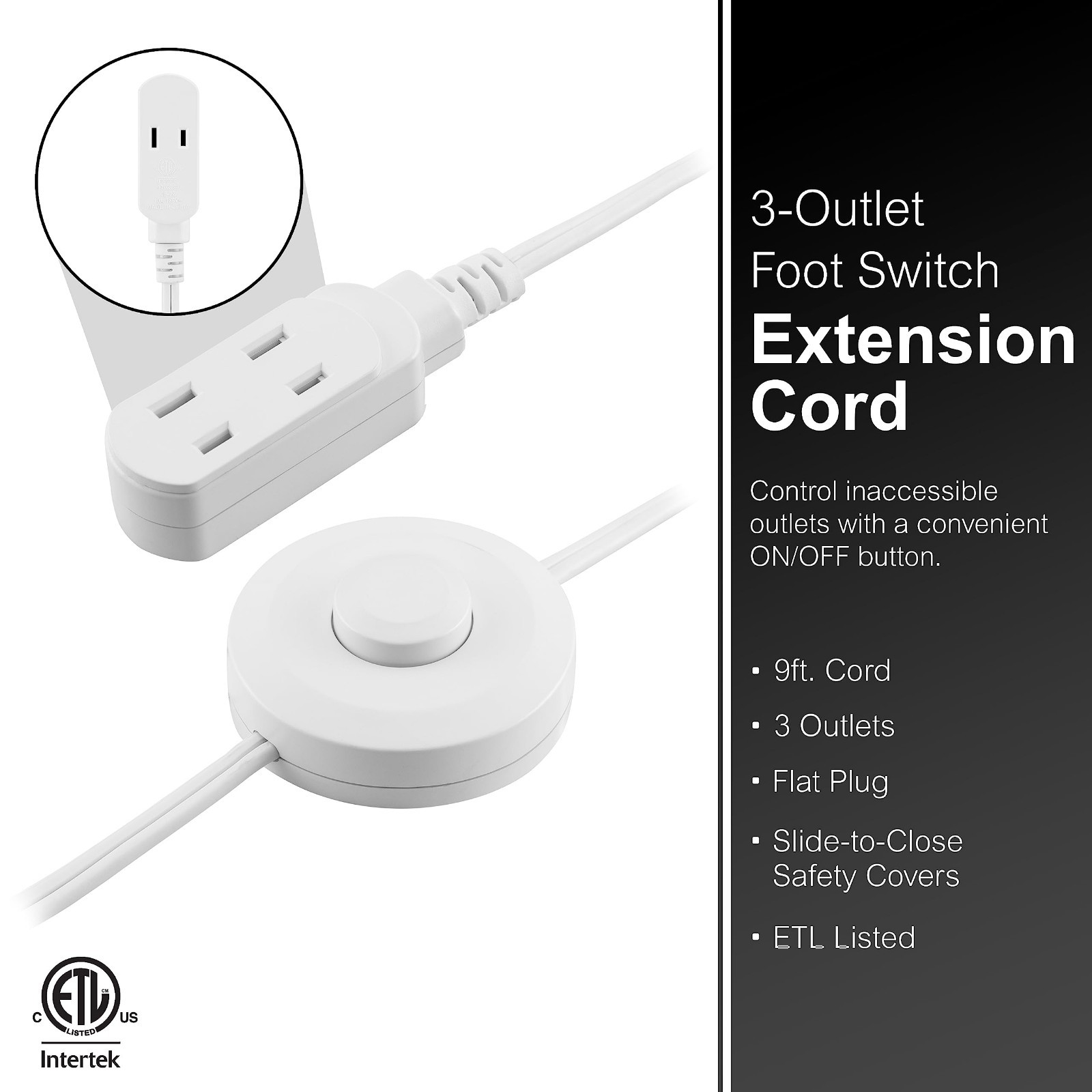 9ft Extension Cord with Footswitch, 3 Outlets, On/Off Switch, UL Listed, White –