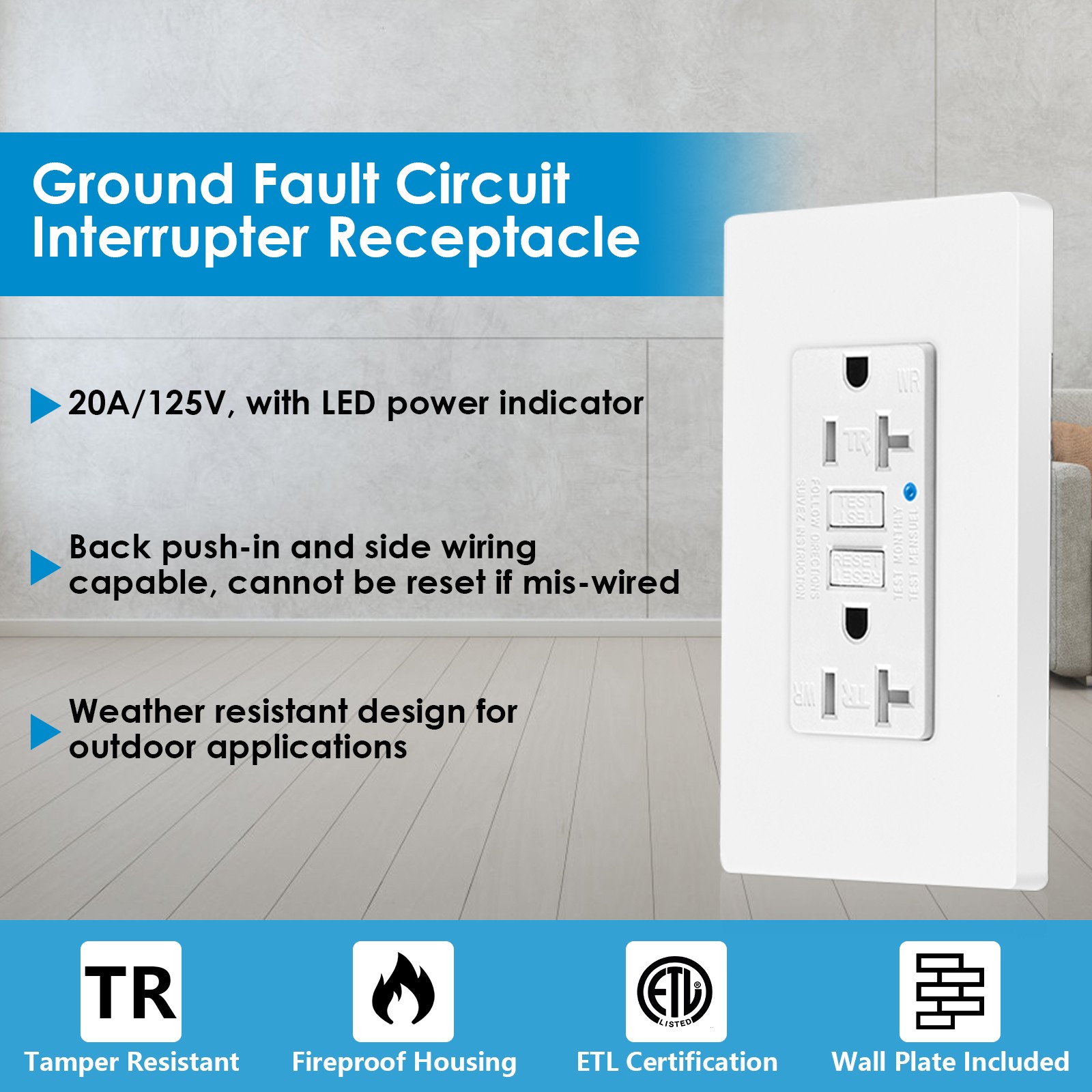 20A/125V GFCI GFI Safety Outlet Receptacle w/ Wall Plate – White Black ETL WR TR