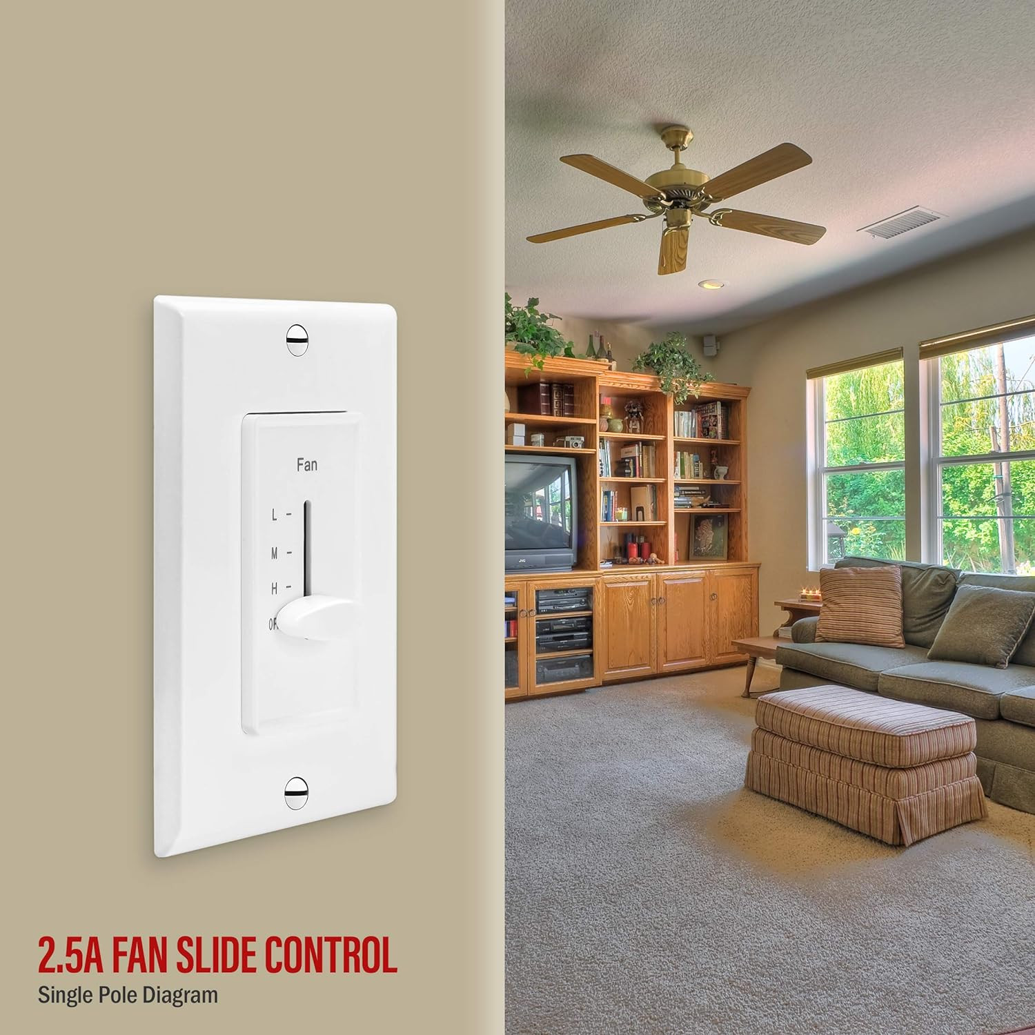 3 Speed in Wall Ceiling Fan Control, Slide Switch, 120VAC, 2.5A, Single-Pole, No