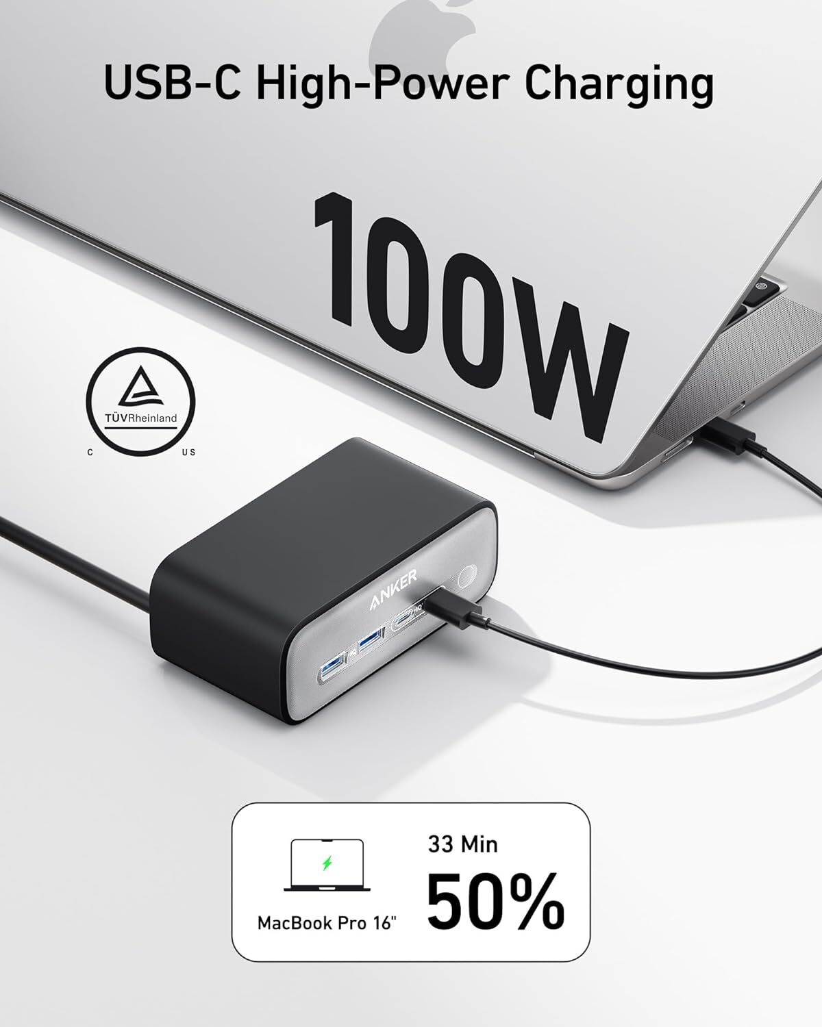 Anker 321 Power Strip Flat Plug w/ 3 Outlets Dual USB & USB-C Charging Ports 5ft