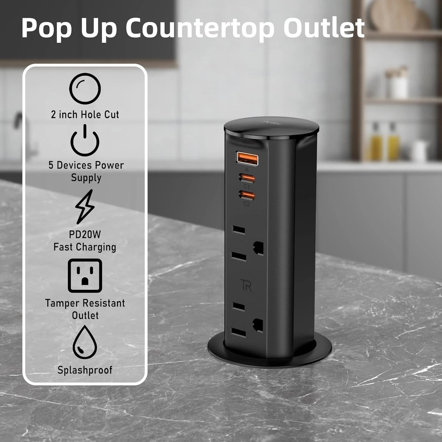 ANNQUAN Space Saver 2 inch Pop Up Outlet For Countertop W/ 2 Outlets & USB Ports