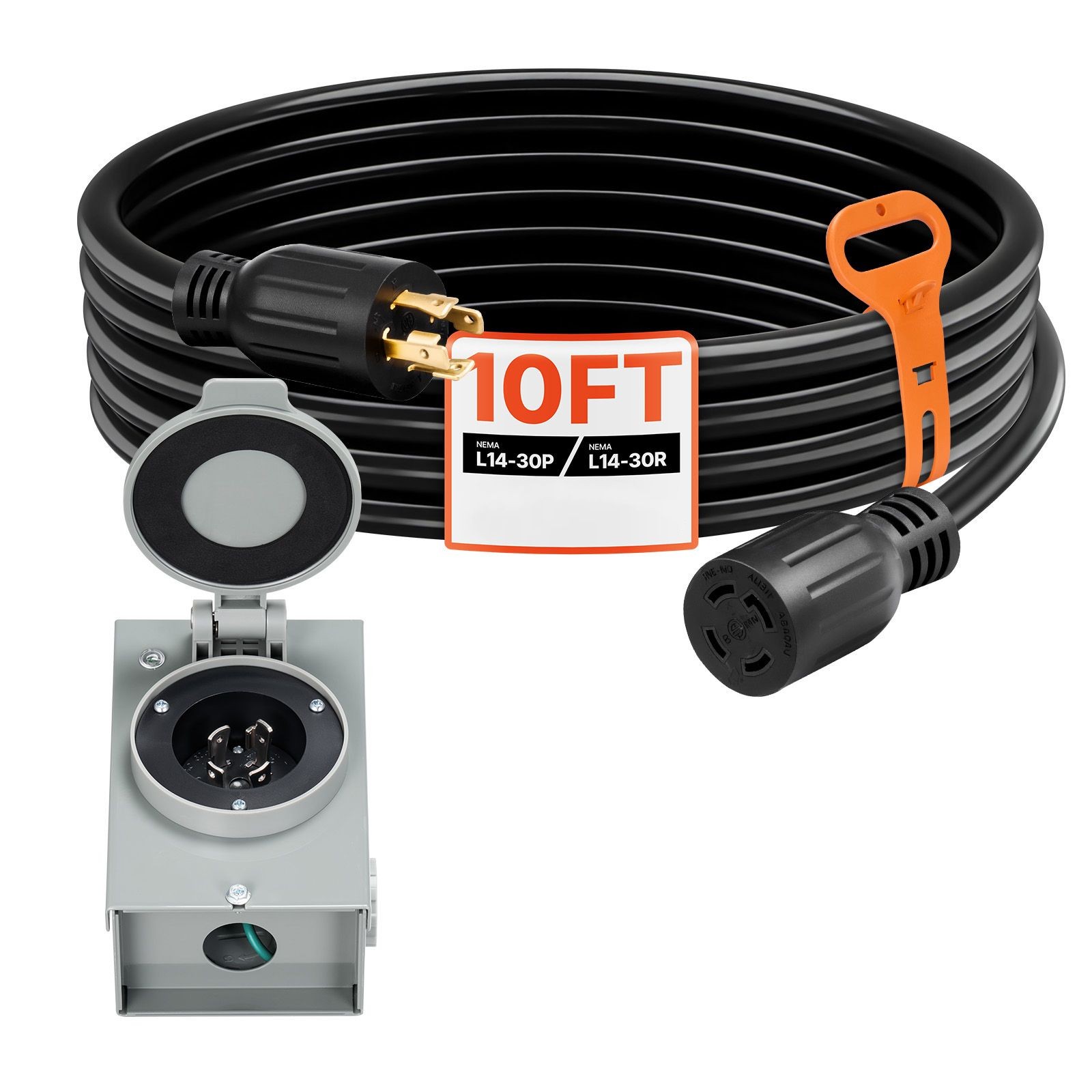 30A 10ft Generator Cord L14-30P to L14-30R, SJTW 10AWG, 7500W, w/ Inlet Box