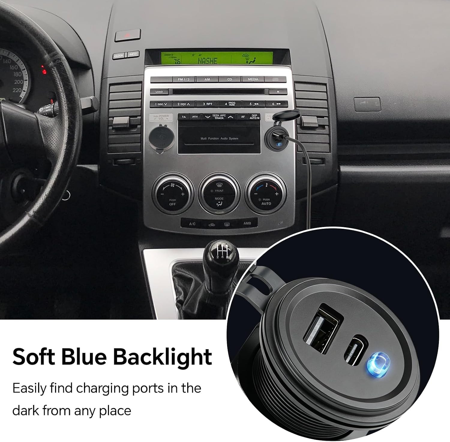 12V USB Outlet with Switch & Blue LED – 30W Type-C & 18W QC3.0 Car Charger – Alu