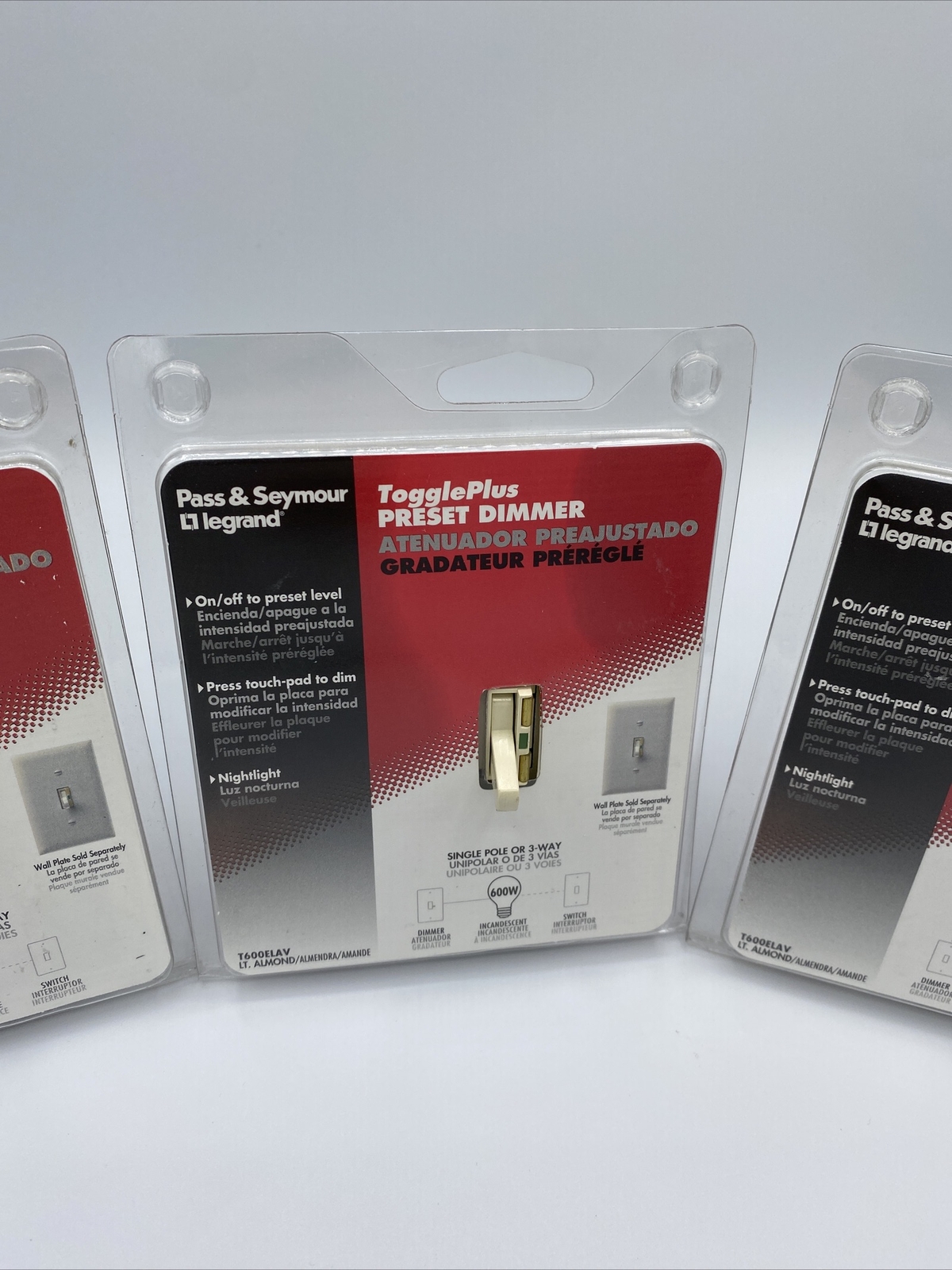 LOT OF 3 Pass & Seymour Legrand Toggleplus preset dimmer T600ELAV almond color