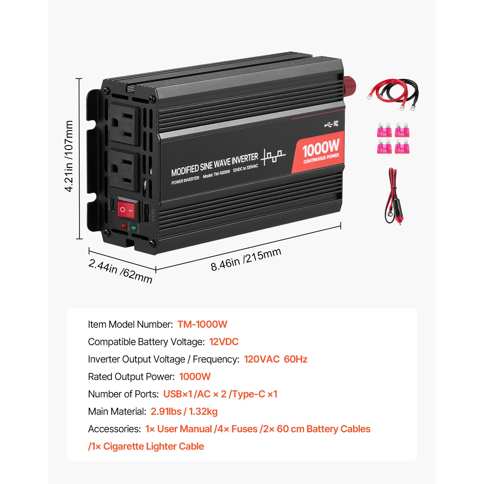 Uimoso 1000W Power Inverter 12V DC to 120V AC with LED Display