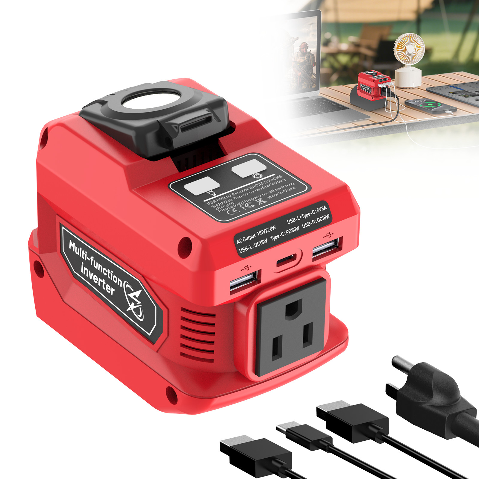 220W Power Inverter Compatible with Milwaukee 18V Battery，DC 18V to AC 110V